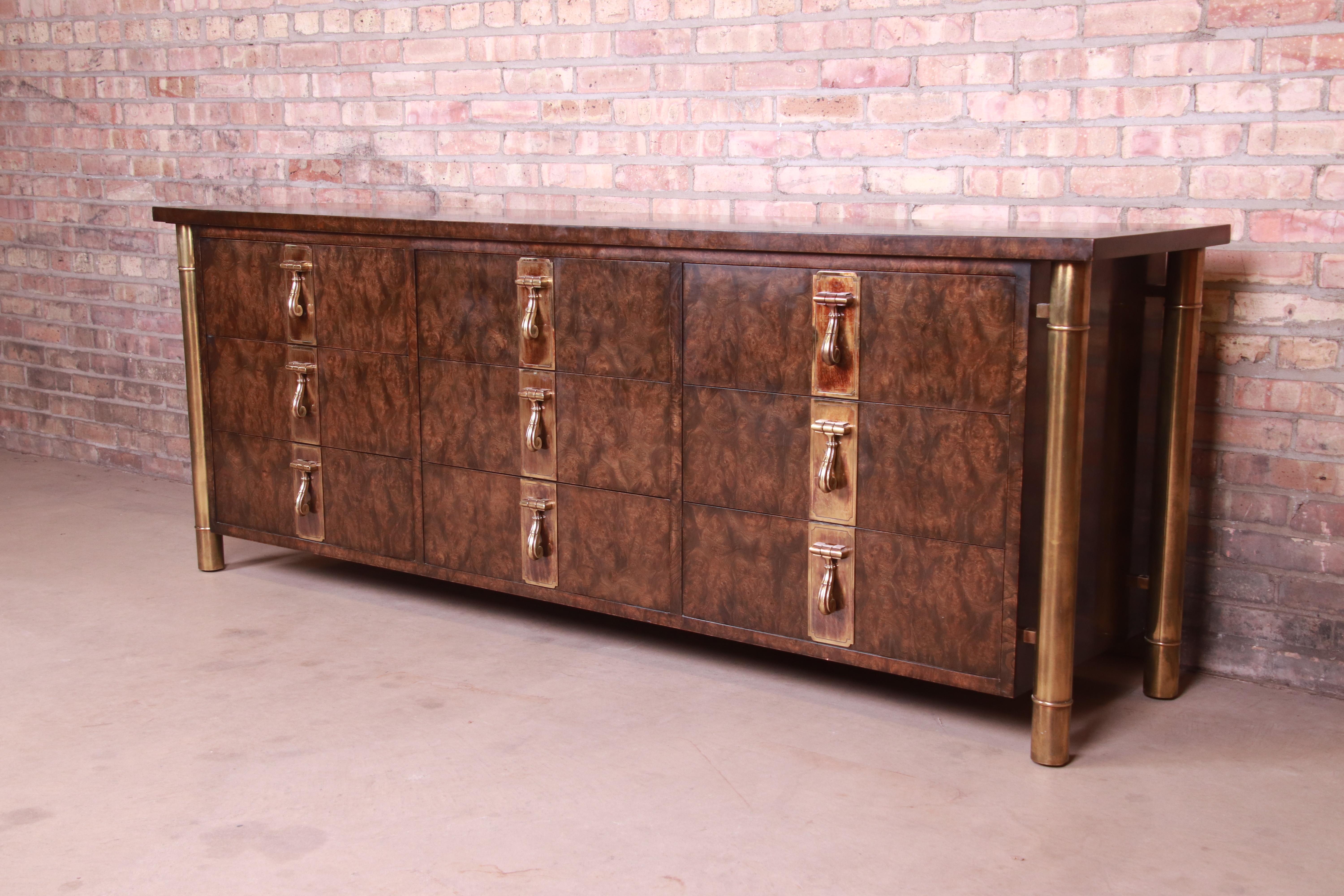 American Bernhard Rohne for Mastercraft Hollywood Regency Burl Wood and Brass Dresser