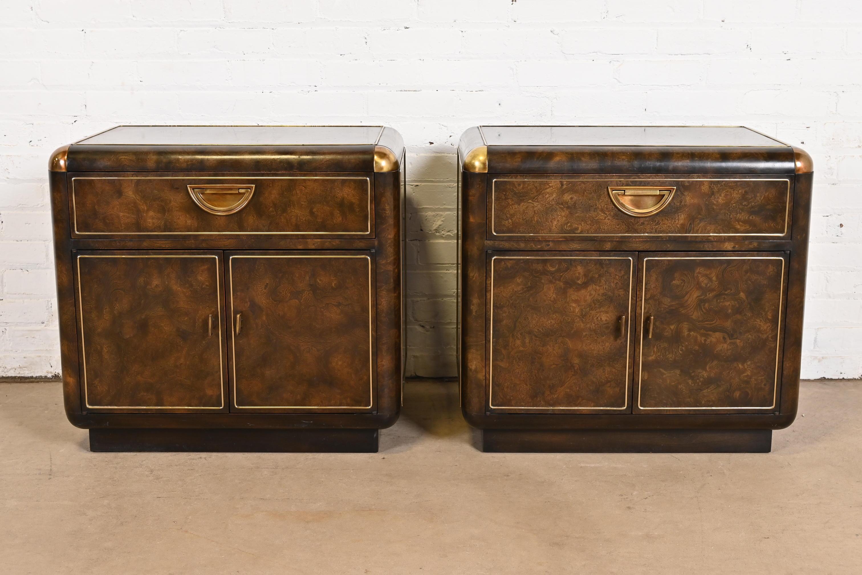 American Bernhard Rohne for Mastercraft Hollywood Regency Burl Wood and Brass Nightstands