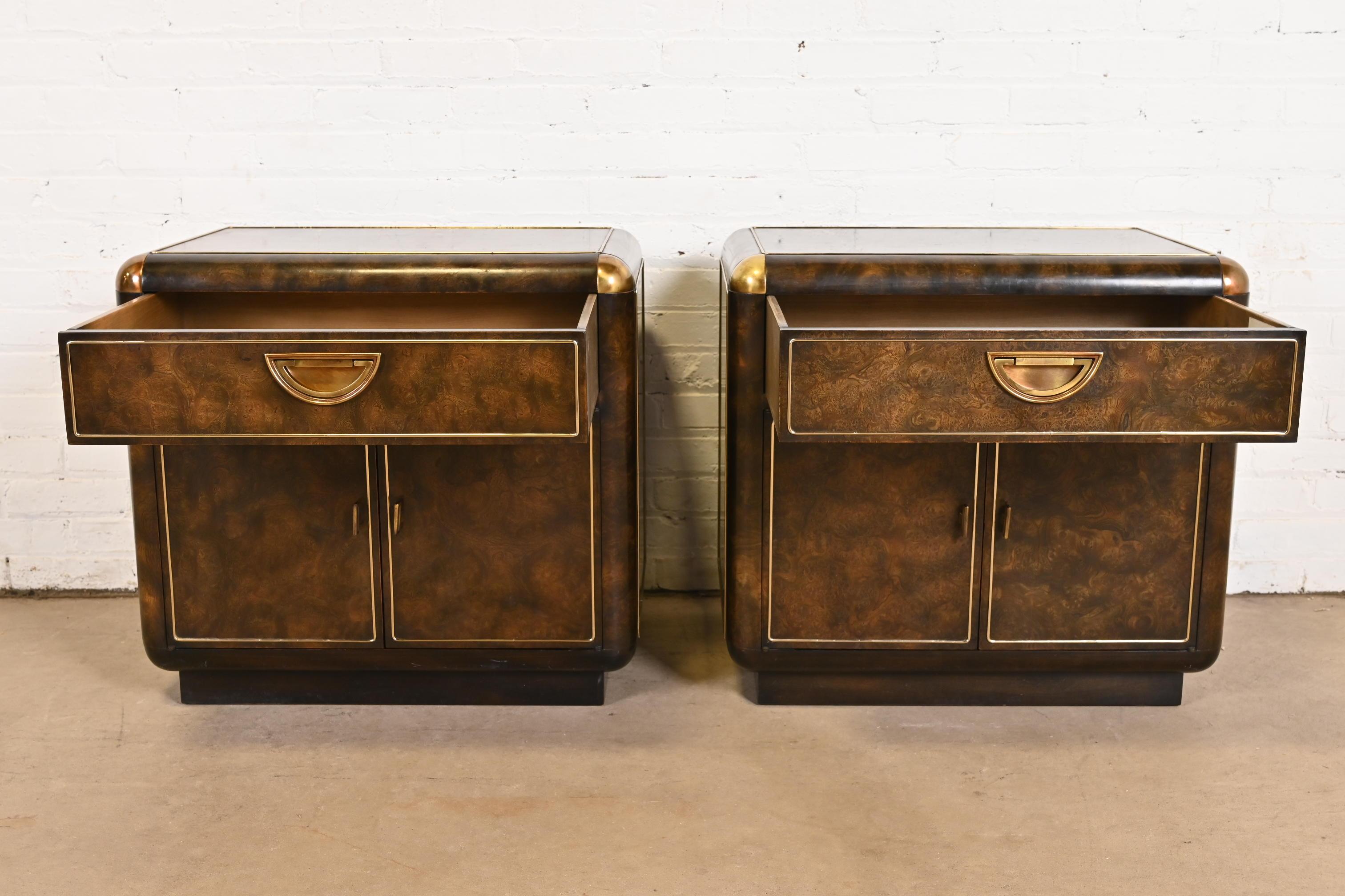 Late 20th Century Bernhard Rohne for Mastercraft Hollywood Regency Burl Wood and Brass Nightstands