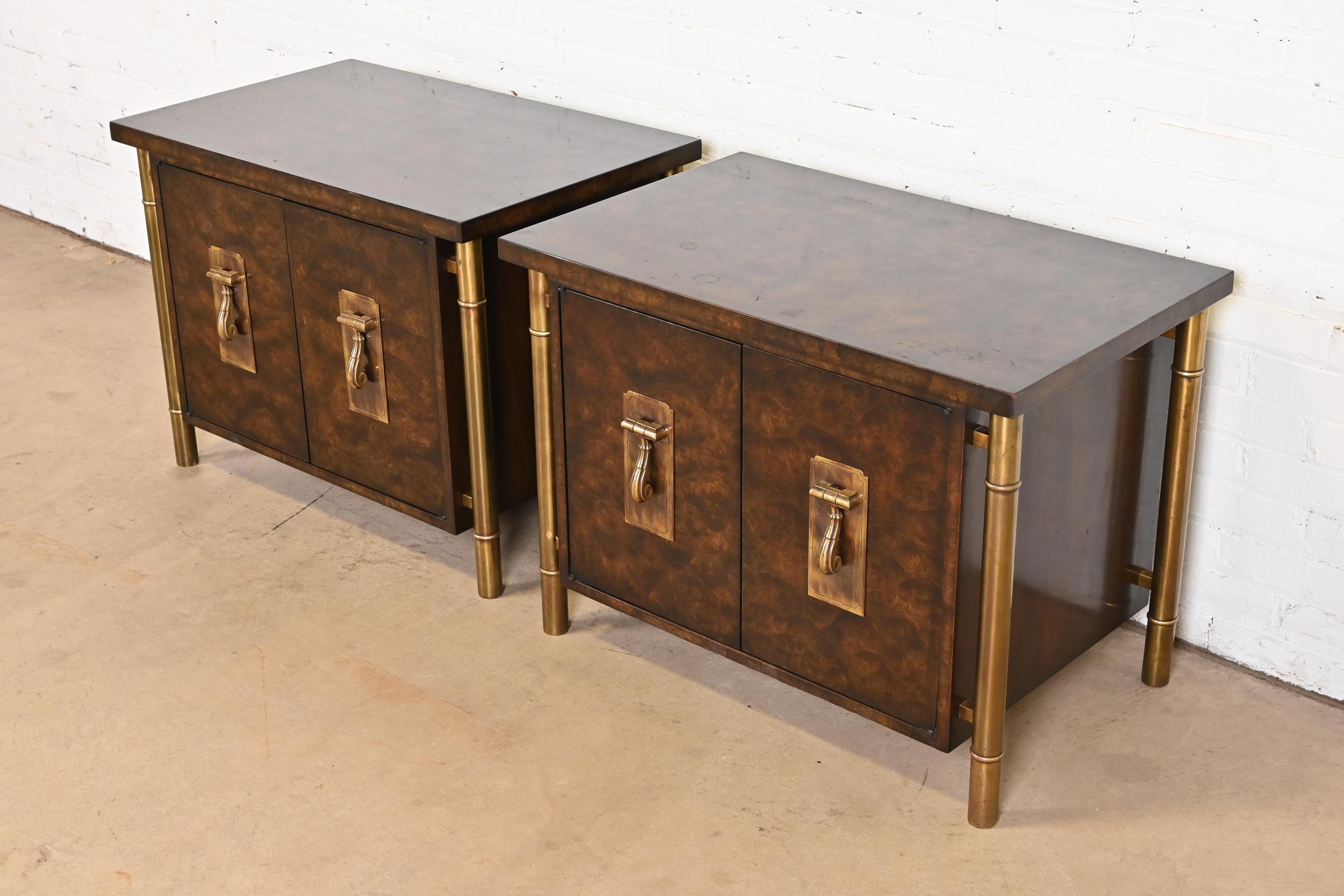 Late 20th Century Bernhard Rohne for Mastercraft Hollywood Regency Burl Wood and Brass Nightstands