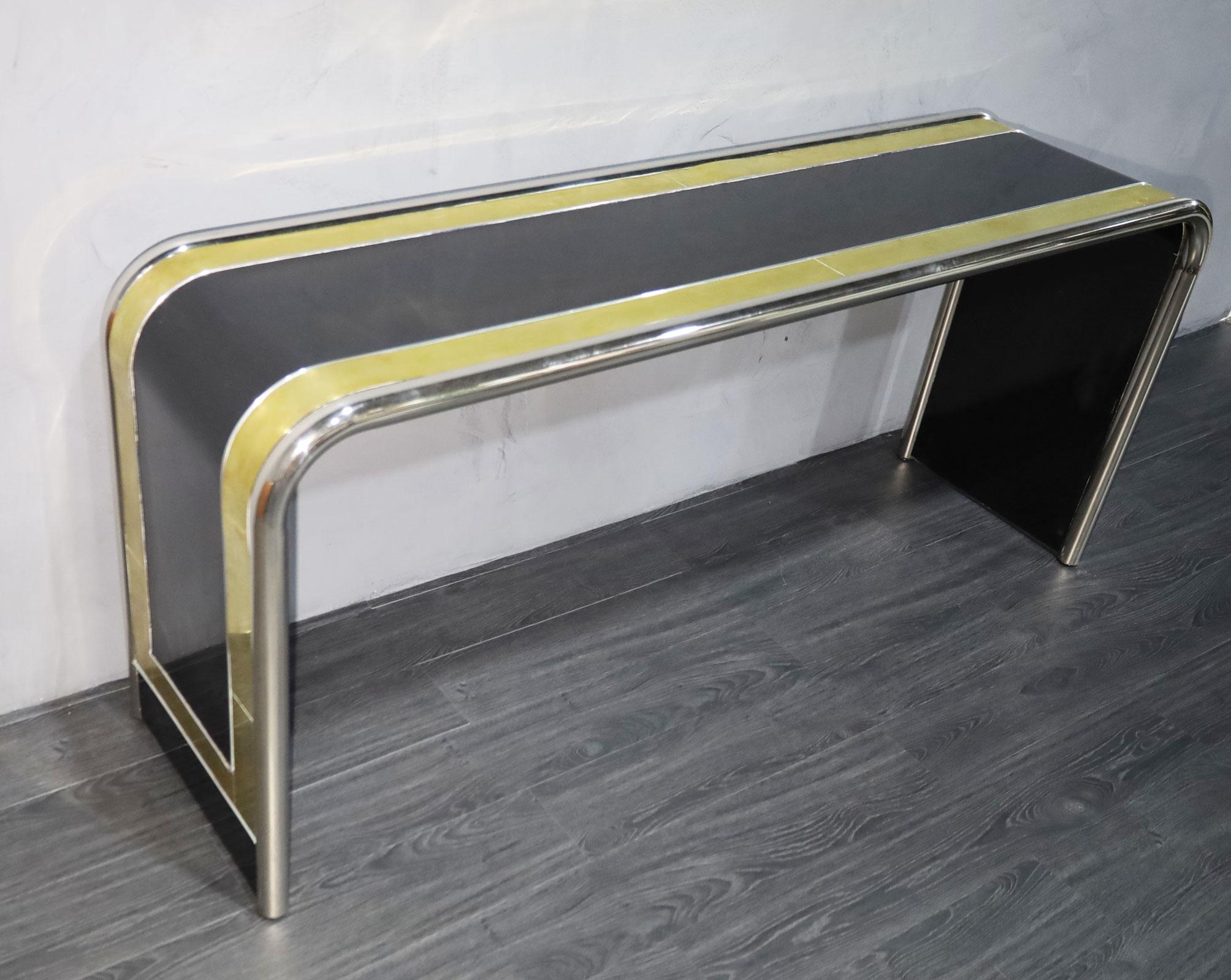 American Bernhard Rohne for Mastercraft Lacquer, Brass and Chrome Console Table