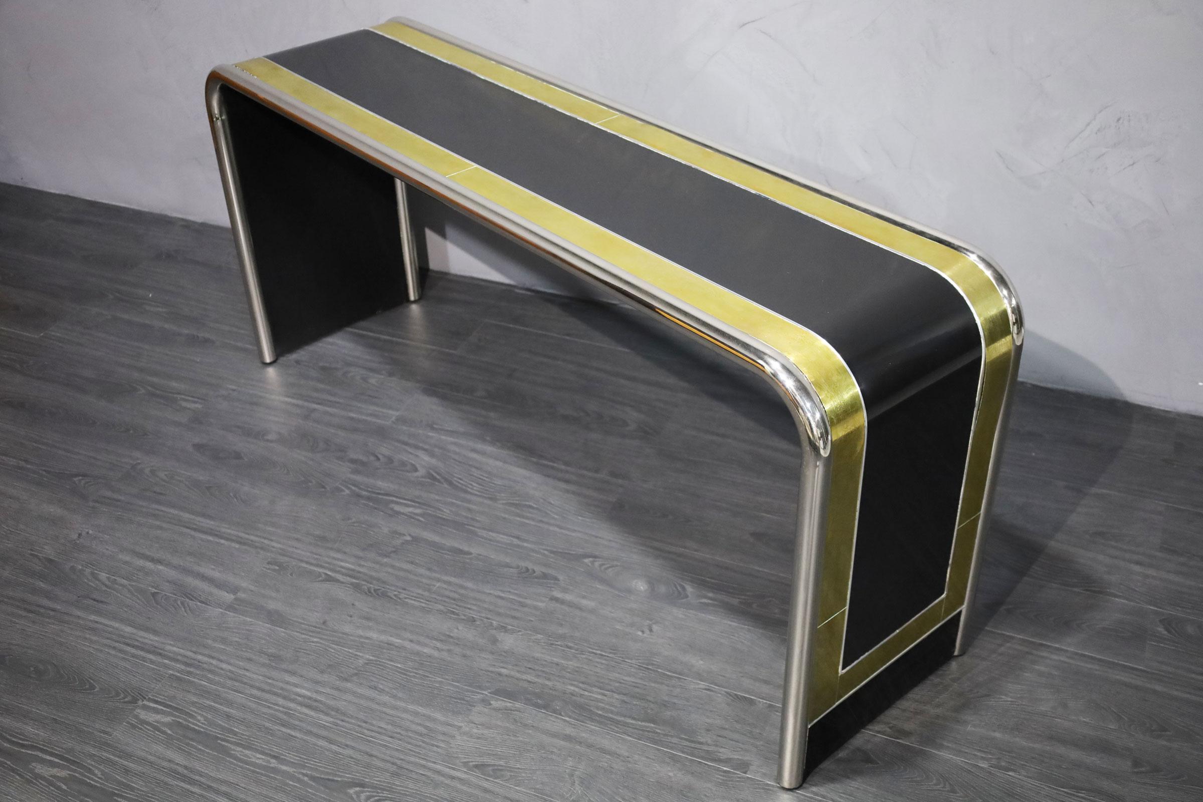 20th Century Bernhard Rohne for Mastercraft Lacquer, Brass and Chrome Console Table