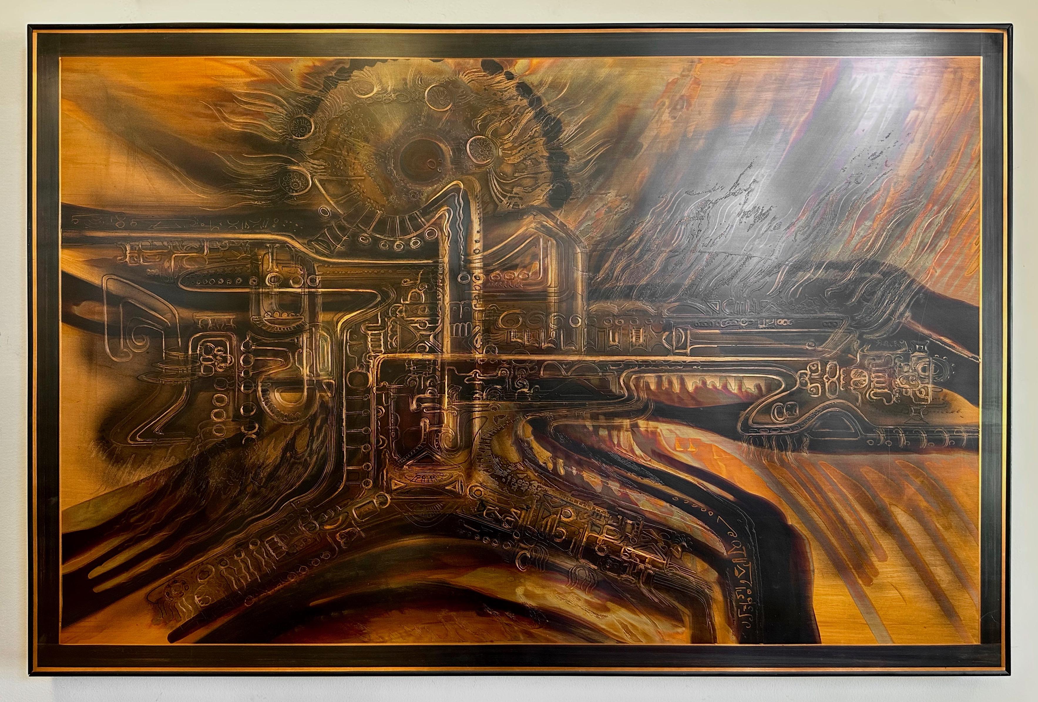 A large and impactful Brutalist etched copper work of wall art by Bernhard Rohne for Metallic Design Studio, signed, numbered, and dated.

German-born, Vancouver-based artist and designer Rohne possesses a singular adroitness at combining artistic