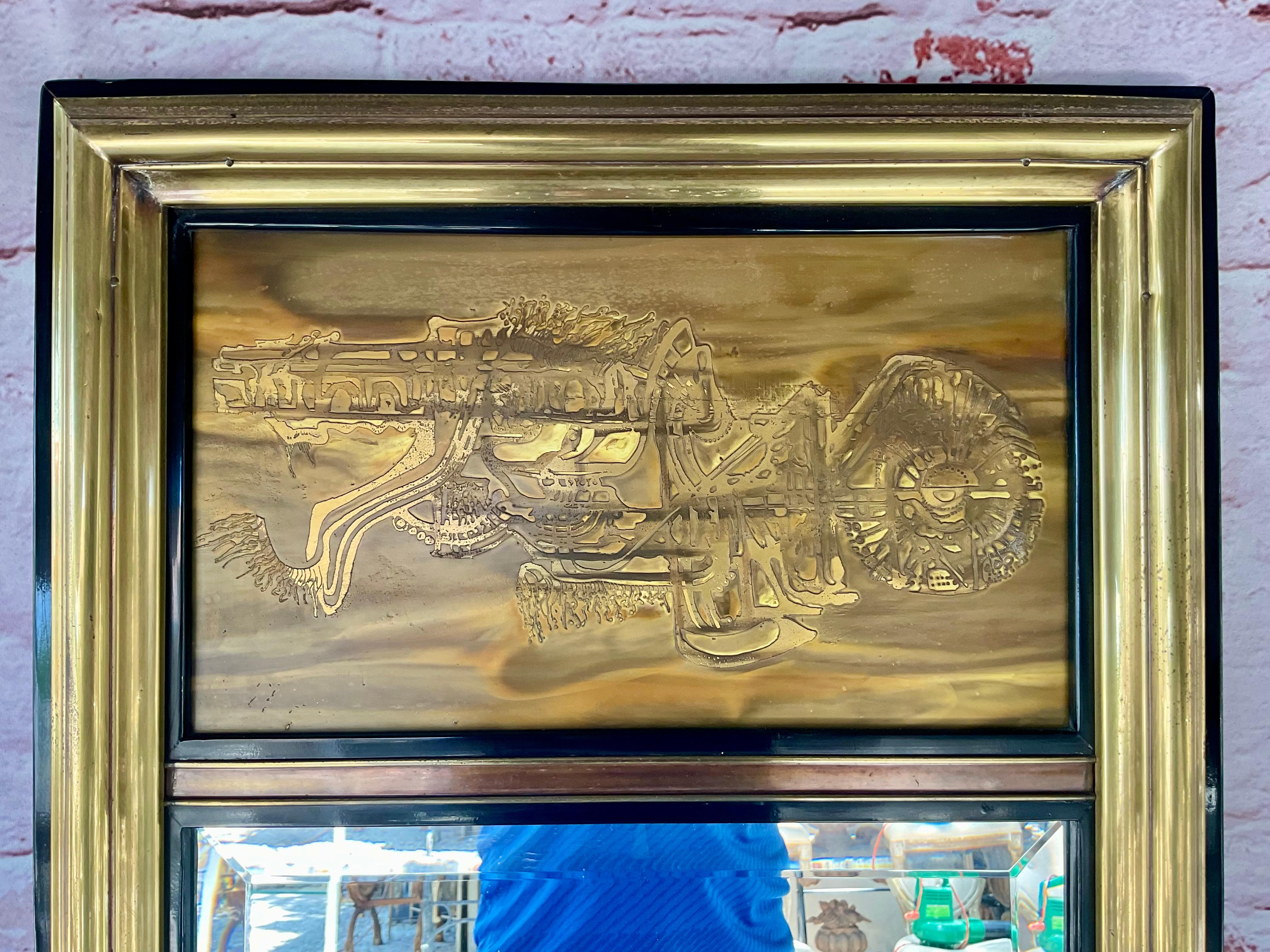 Grand miroir mural Bernhard Rohne Mastercraft en laiton gravé à l'acide Bon état - En vente à Bradenton, FL