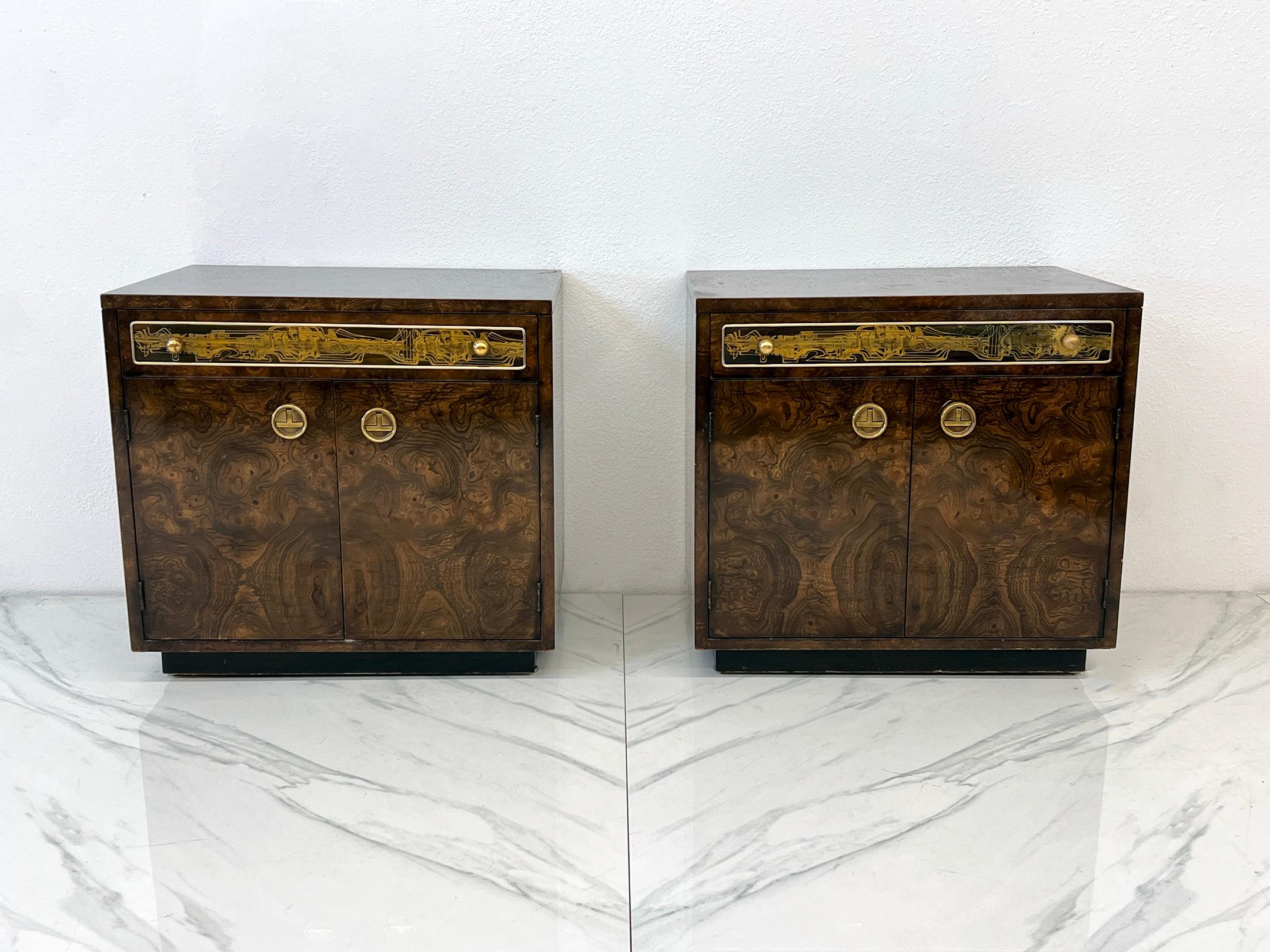 Feast your eyes on this absolutely stunning pair of Bernhard Rohne acid-etched brass and amboyna burl nightstands for Mastercraft. These aren’t just bedside tables—they’re functional sculptures with a side of opulence.

Let’s talk details. The rich,