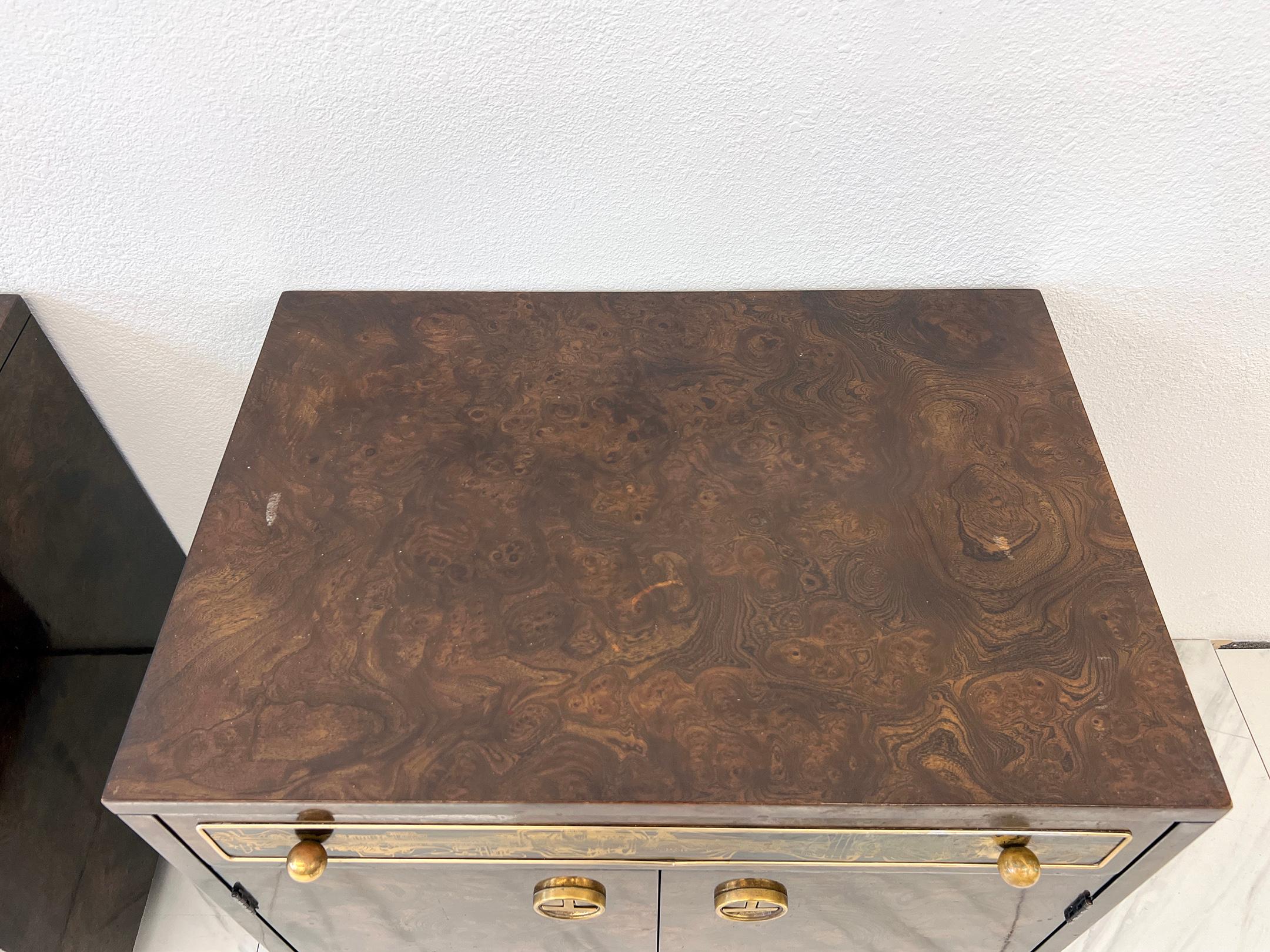 Bernhard Rohne Mastercraft Burl and Acid Etched Brass Nightstands, 1970's For Sale 2