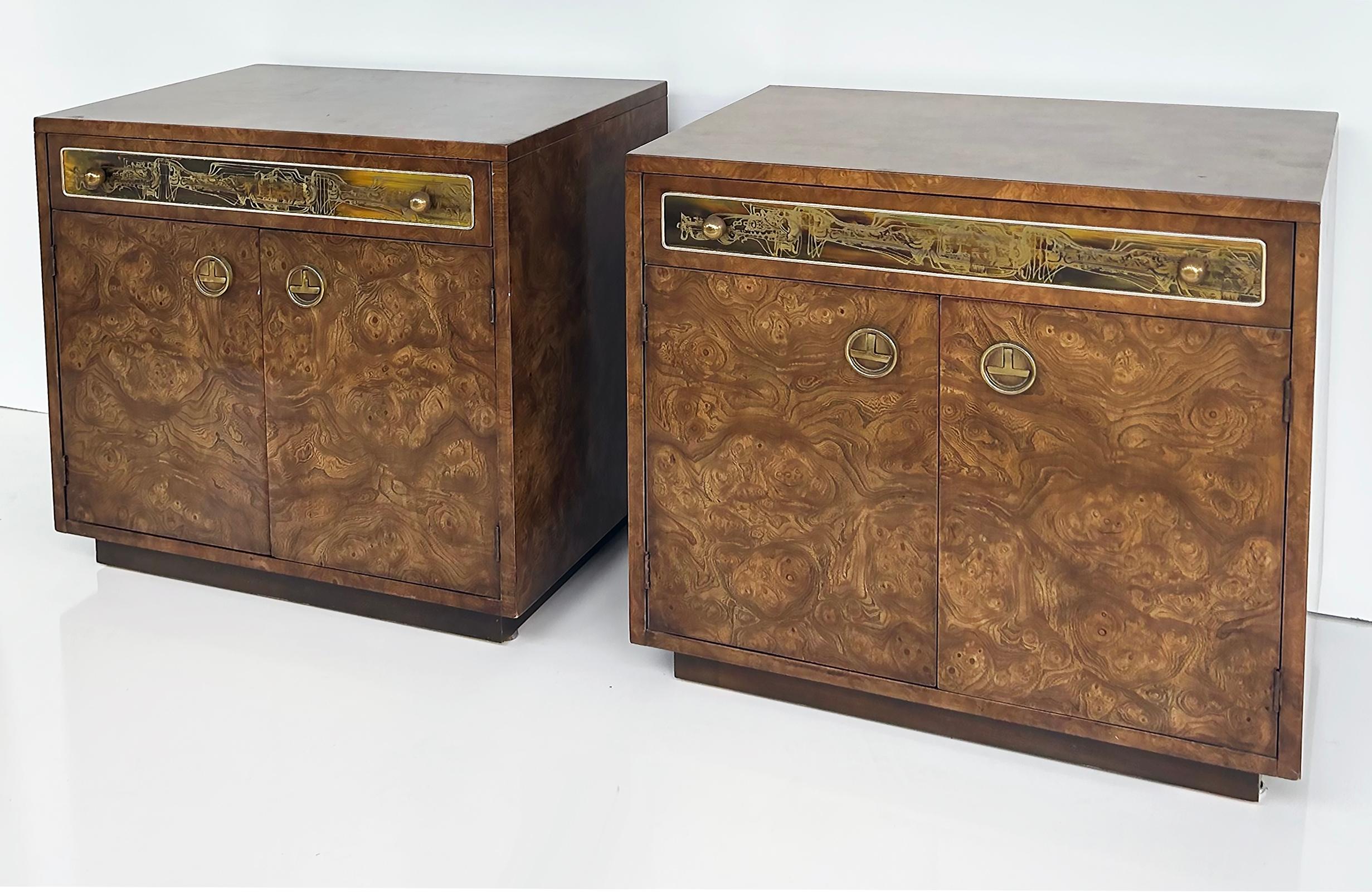 Bernhard Rohne Mastercraft Burl / Etched Brass Night Stands c1970

Offered for sale is a pair of Bernhard Rohne for Mastercraft burl wood and acid-etched nightstands in wonderful original vintage condition.  These were purchased from the original