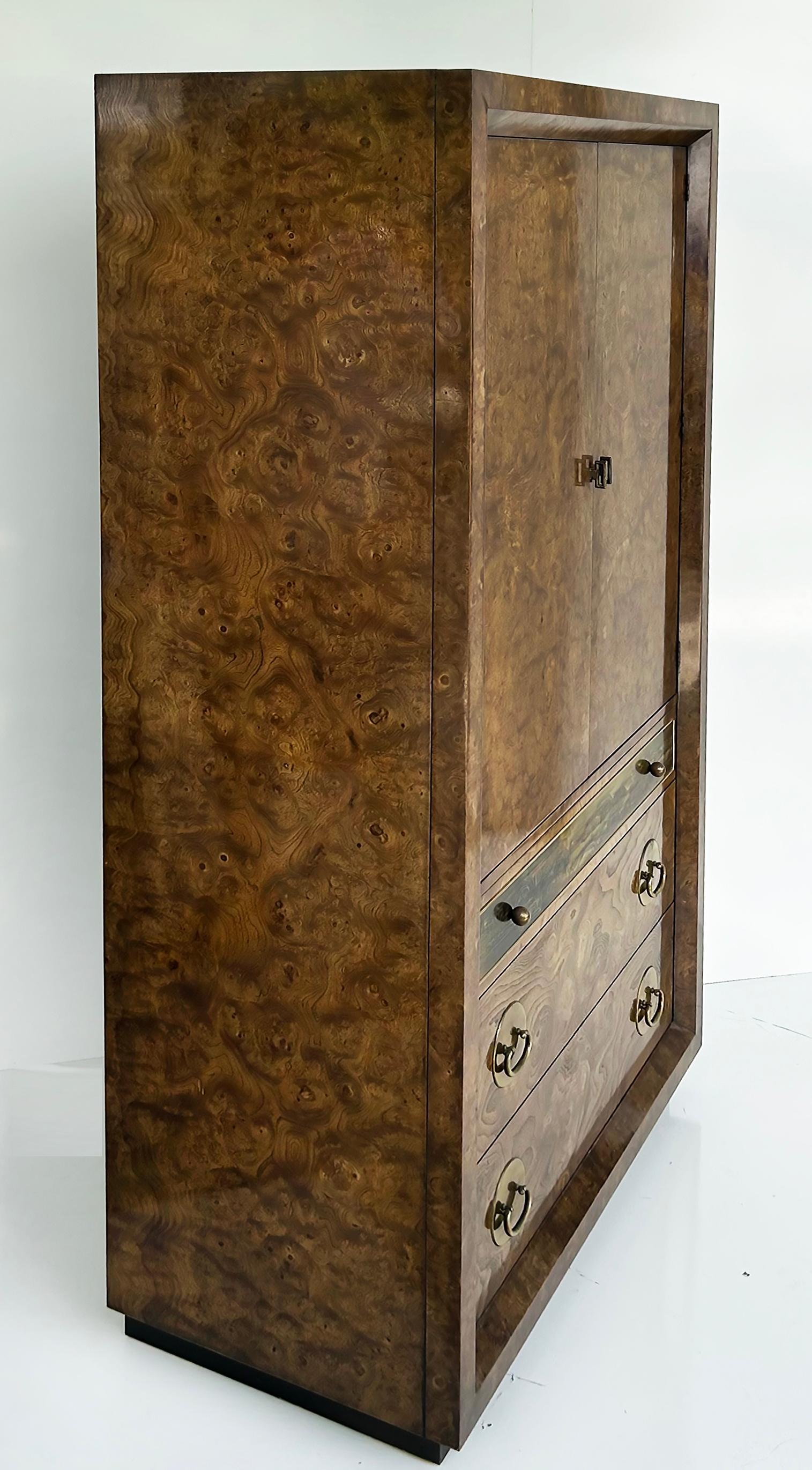 American Bernhard Rohne Mastercraft Burl Wood Etched Brass Tall Chest circa 1970s For Sale
