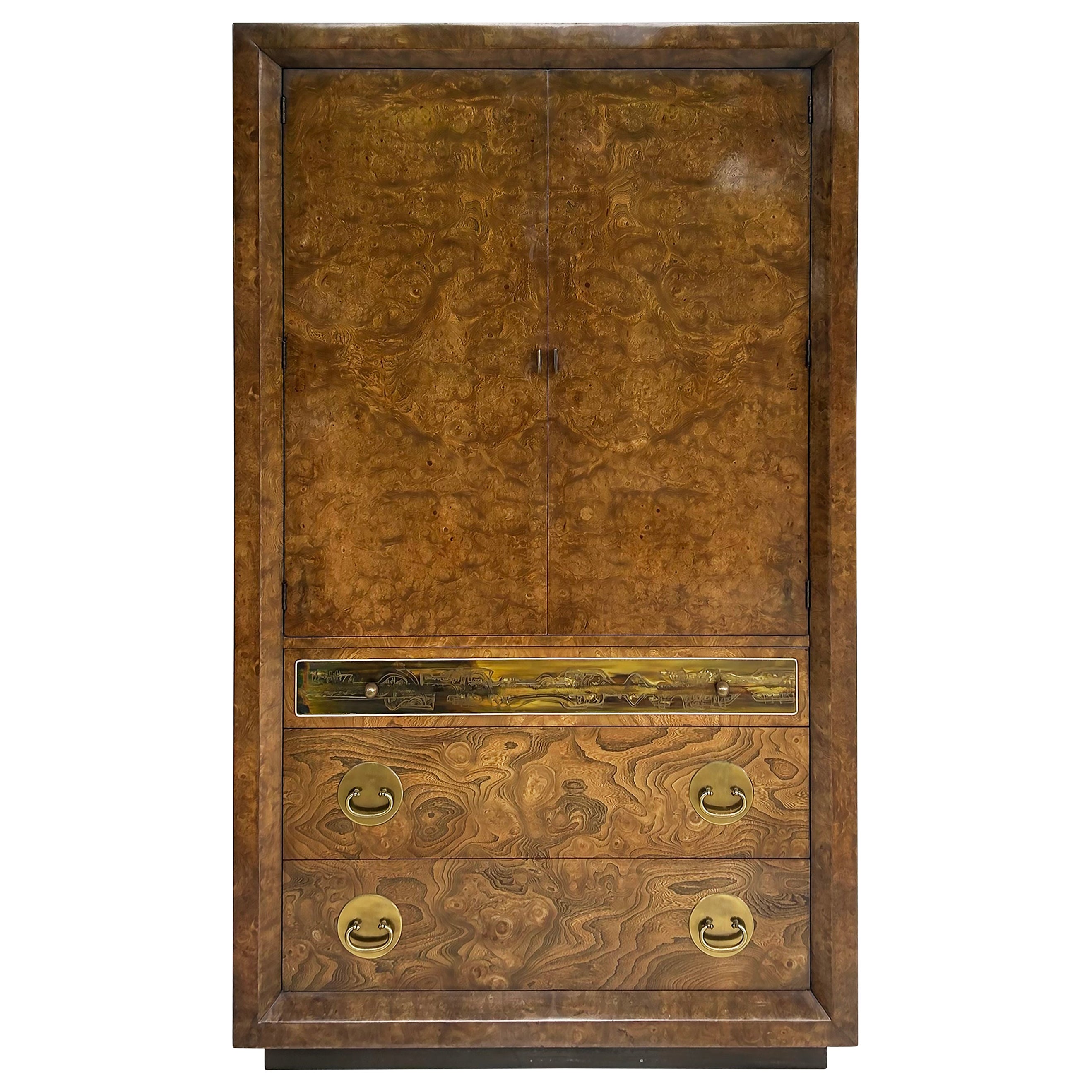 Bernhard Rohne Mastercraft Burl Wood Etched Brass Tall Chest circa 1970s
