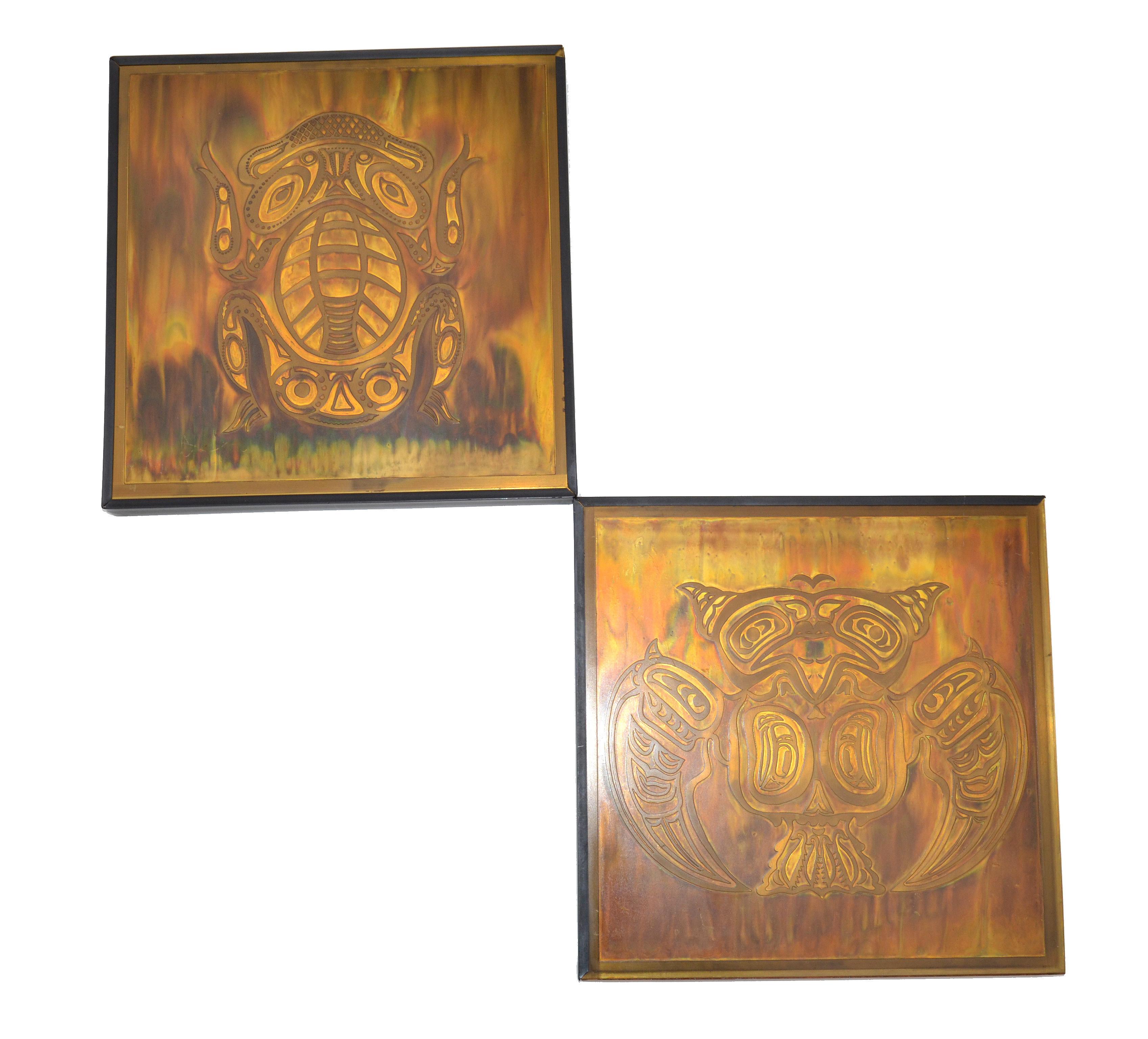 Set 2 Bernhard Rohne Vintage Acid Etched Brass Owl & Frog Panel Framed Fine Art For Sale 4
