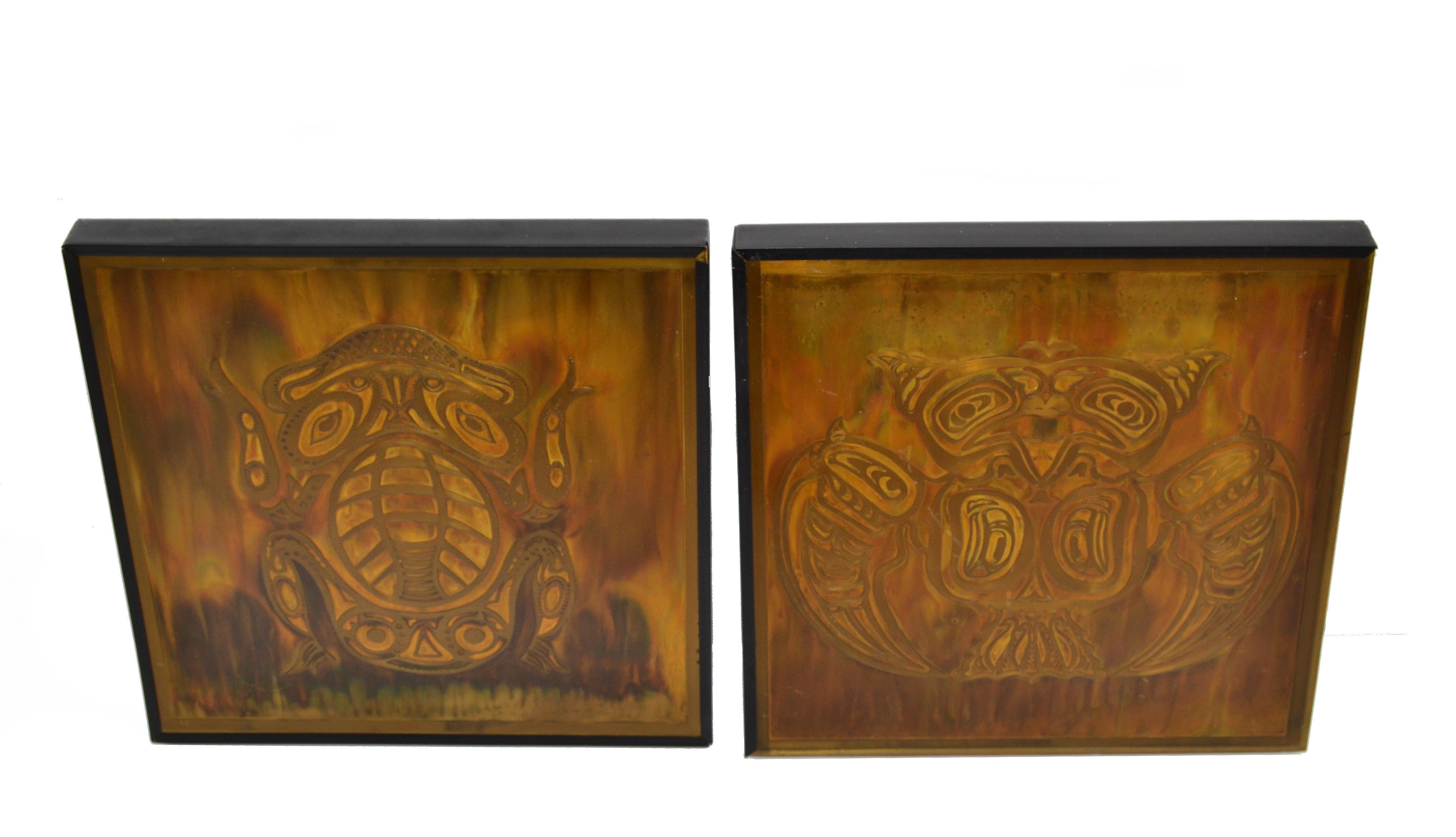 Set 2 Bernhard Rohne Vintage Acid Etched Brass Owl & Frog Panel Framed Fine Art For Sale 5