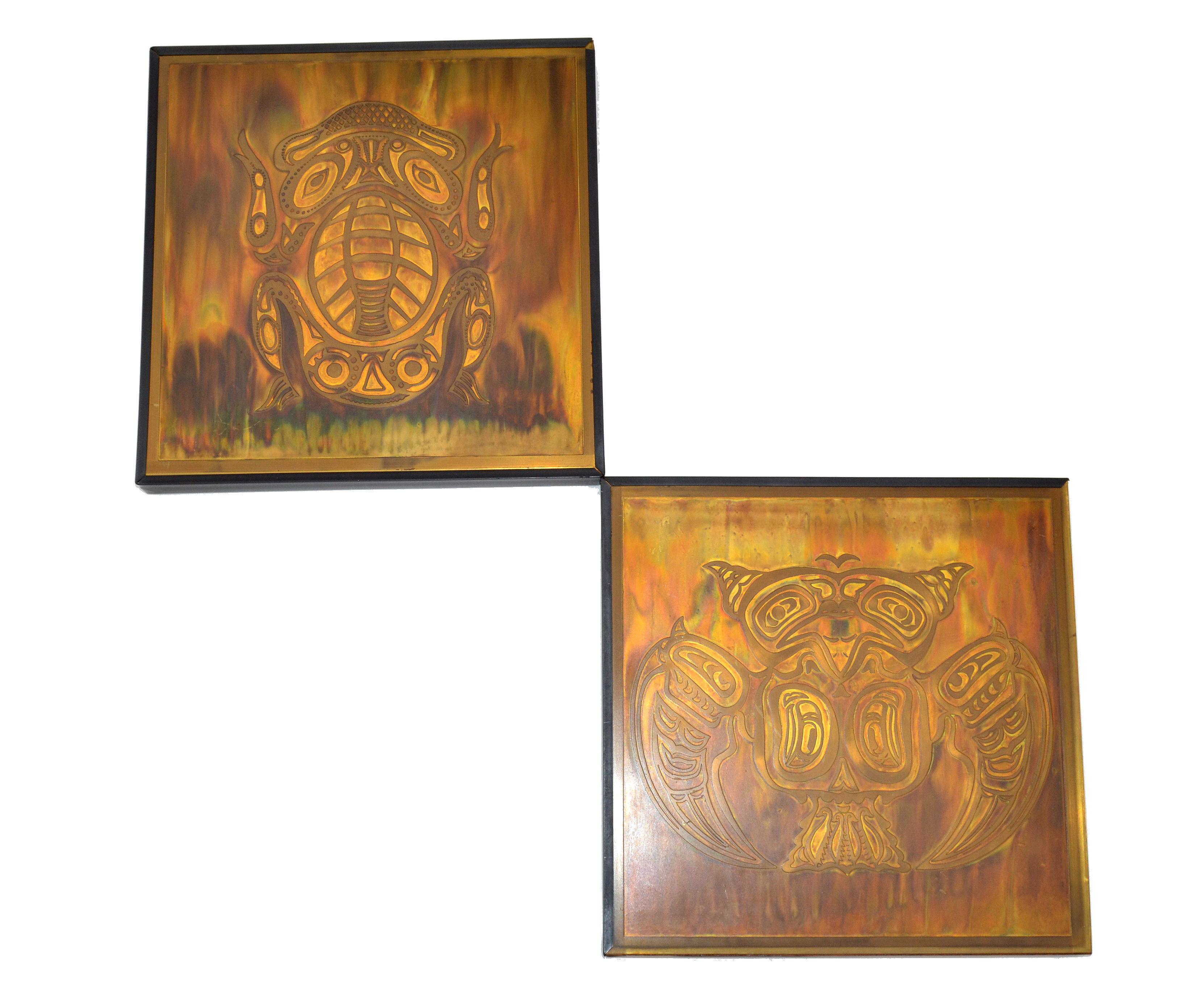 Here we offer 2 original vintage handcrafted acid etched brass metal owl and frog art pieces.
Both are framed and have the original paper back label with the Models on the reverse.
The frog is the symbol of prosperity and the owl is symbol of the