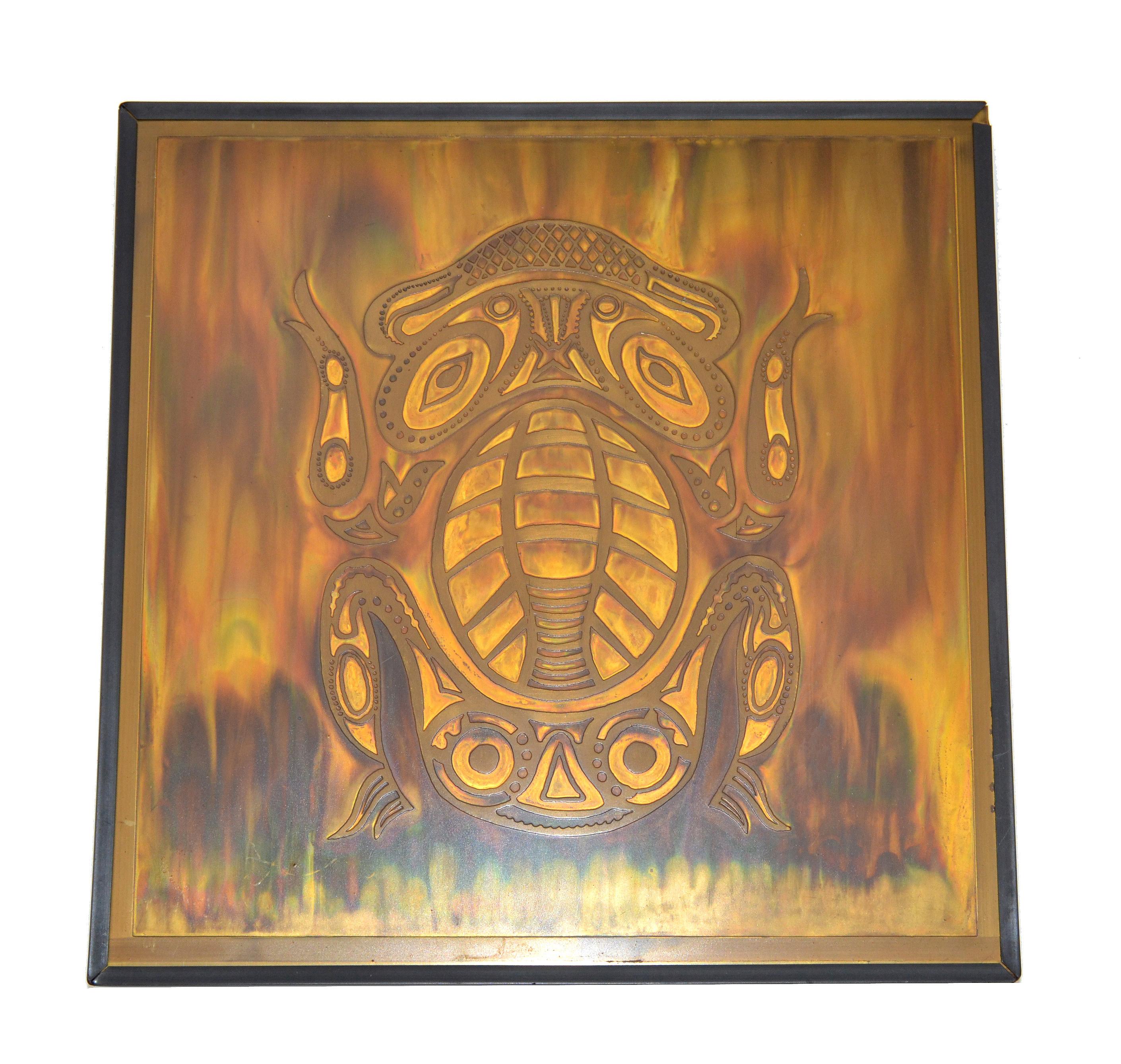 Mid-Century Modern Set 2 Bernhard Rohne Vintage Acid Etched Brass Owl & Frog Panel Framed Fine Art For Sale