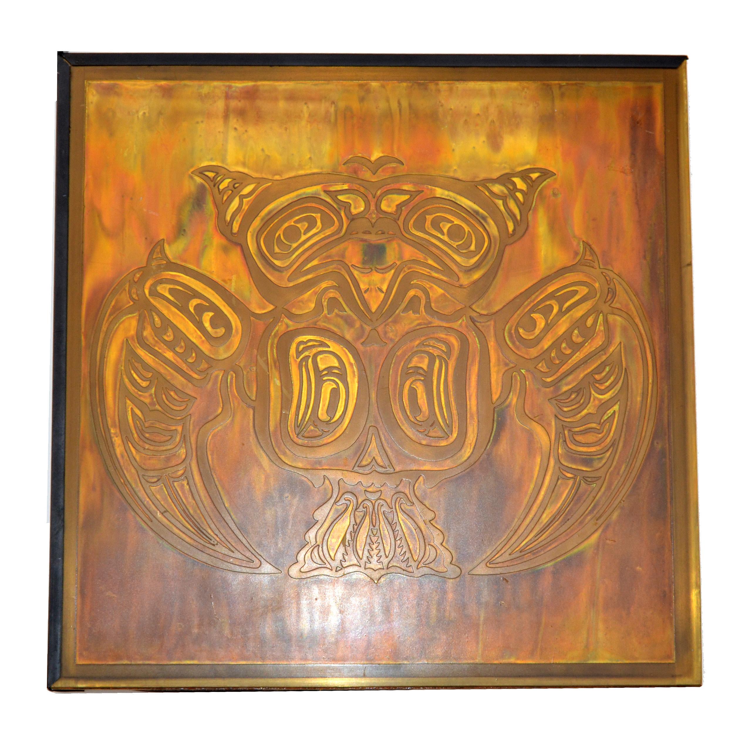 Canadian Set 2 Bernhard Rohne Vintage Acid Etched Brass Owl & Frog Panel Framed Fine Art For Sale