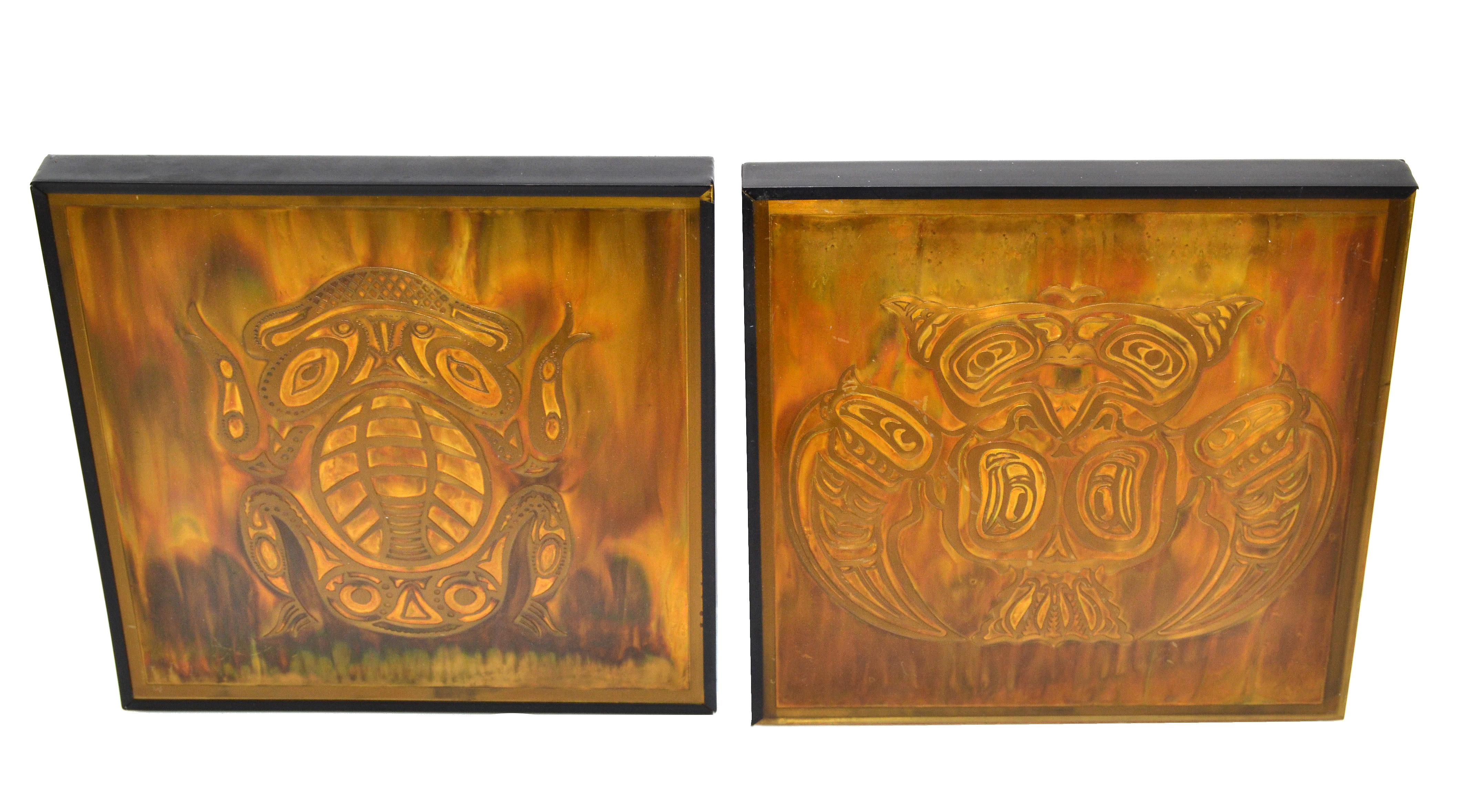 Set 2 Bernhard Rohne Vintage Acid Etched Brass Owl & Frog Panel Framed Fine Art In Good Condition For Sale In Miami, FL