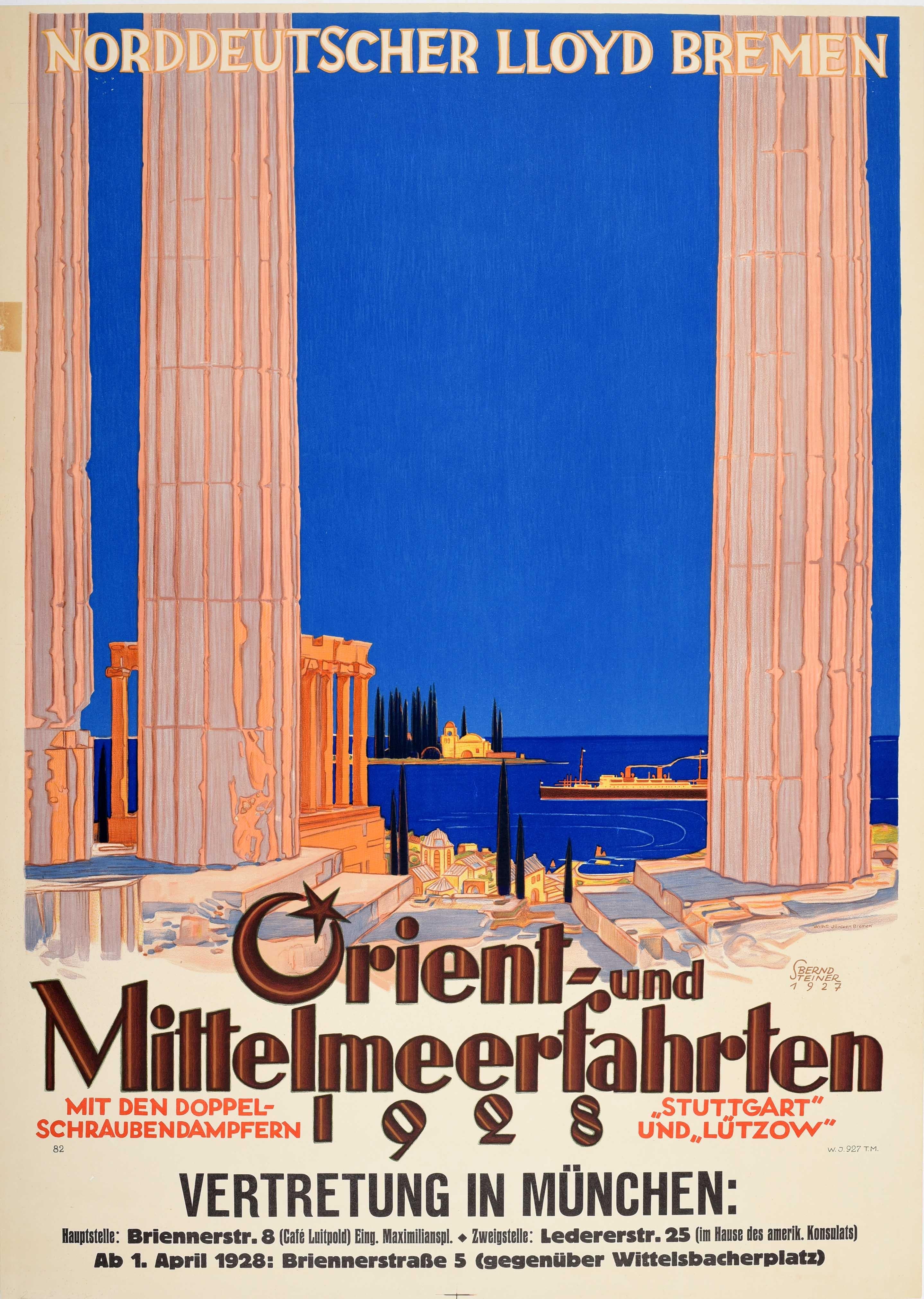 Bernhard Steiner Print - Original Vintage Poster Orient & Mediterranean Cruise Norddeutscher Lloyd Bremen