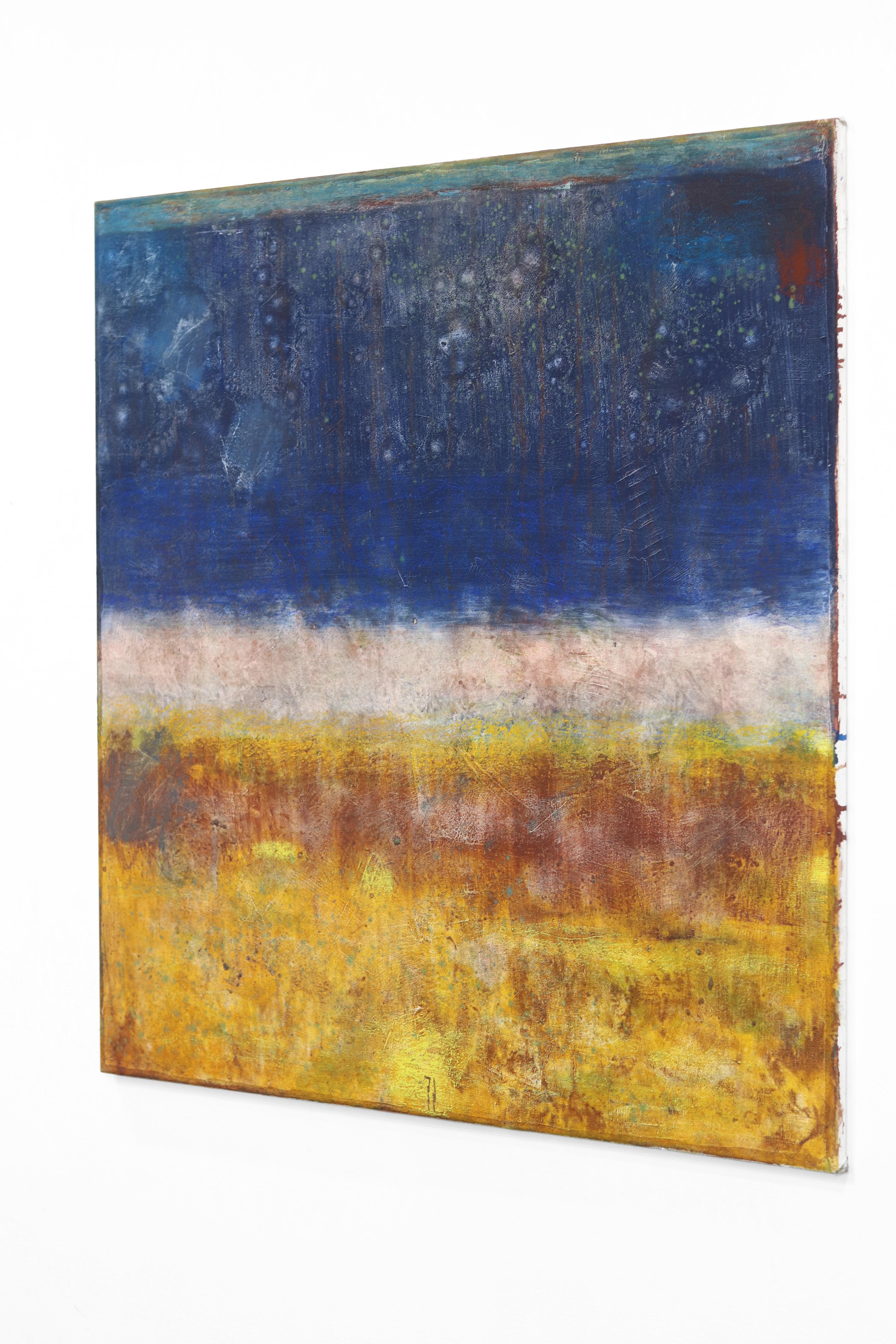AWH 312 - Peinture à l'huile expressionniste abstraite originale bleue et jaune Colorfield - Gris Abstract Painting par Bernhard Zimmer