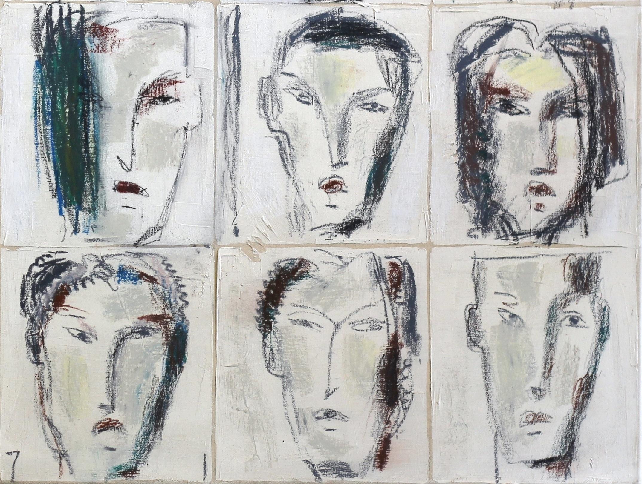 Caras 25 - Retrato abstracto figurativo Pintura al óleo original en capas sobre lienzo - Figurative Painting Gris de Bernhard Zimmer