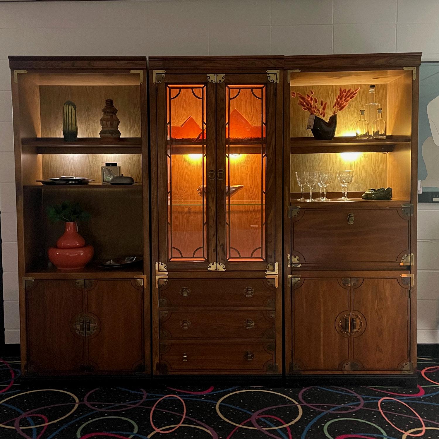 Bernhardt 3 Piece Modular Asian Lighted Bookcase Wall Unit with China Cabinet For Sale 1