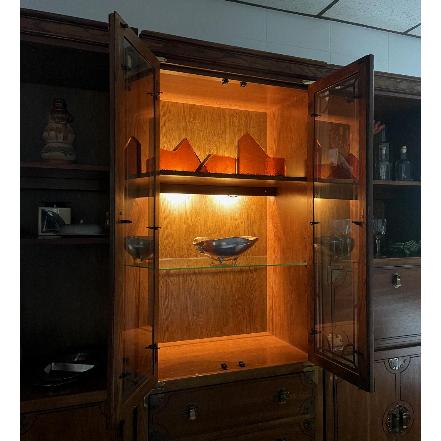 American Bernhardt 3 Piece Modular Asian Lighted Bookcase Wall Unit with China Cabinet For Sale