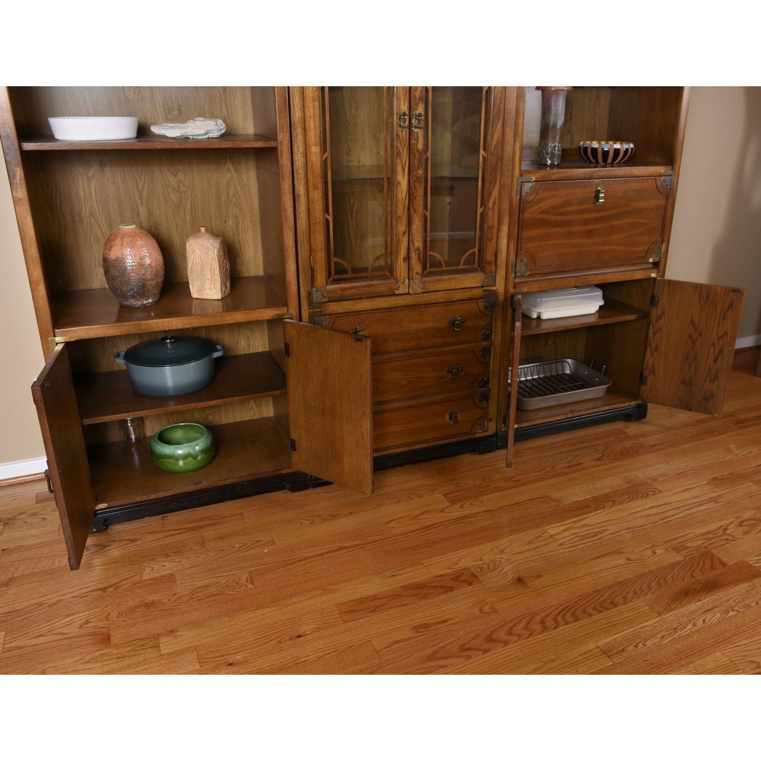 Fruitwood Bernhardt 3 Piece Modular Asian Lighted Bookcase Wall Unit with China Cabinet For Sale