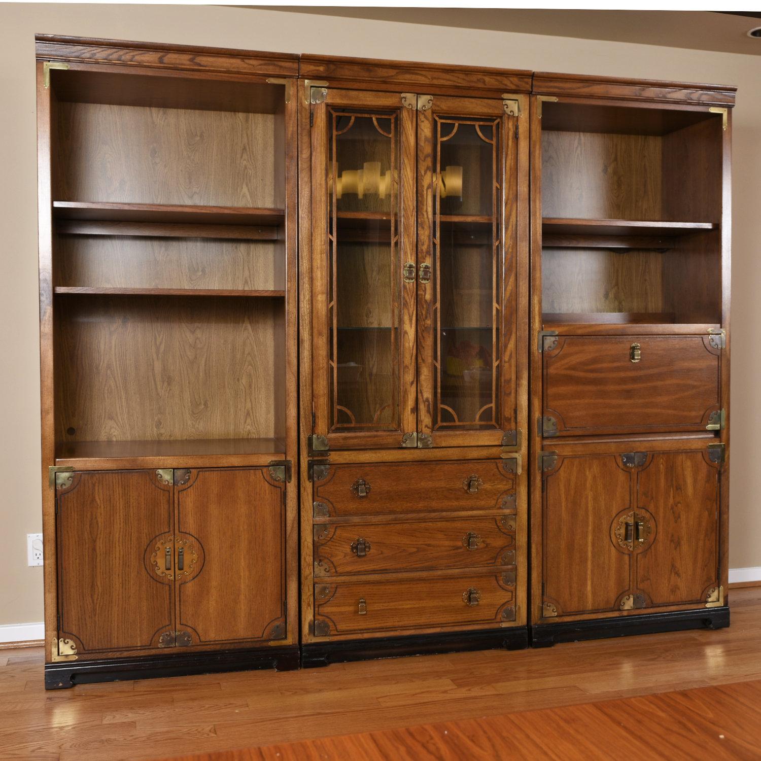 Bernhardt 3 Piece Modular Asian Lighted Bookcase Wall Unit with China Cabinet For Sale 2