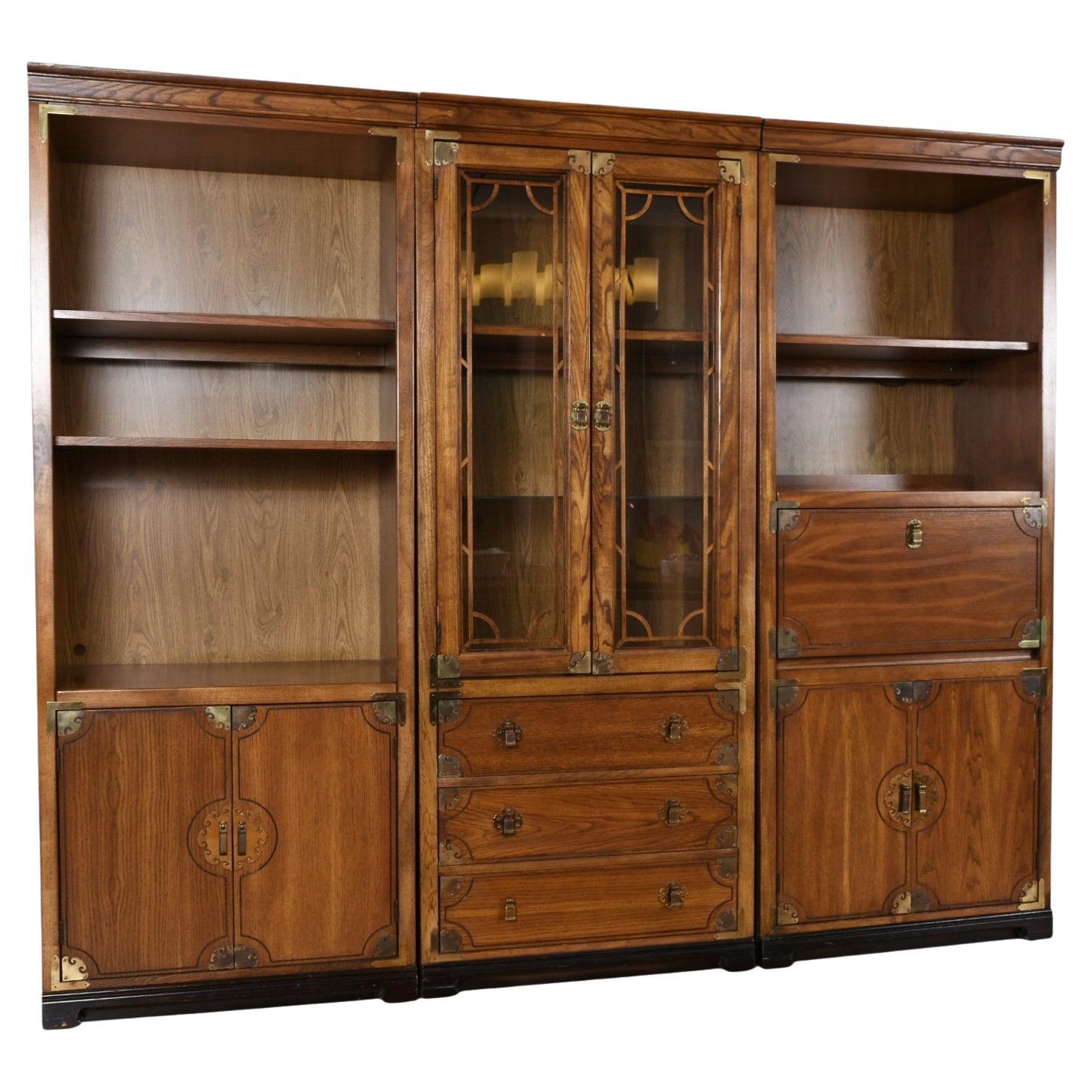 Bernhardt 3 Piece Modular Asian Lighted Bookcase Wall Unit with China Cabinet For Sale
