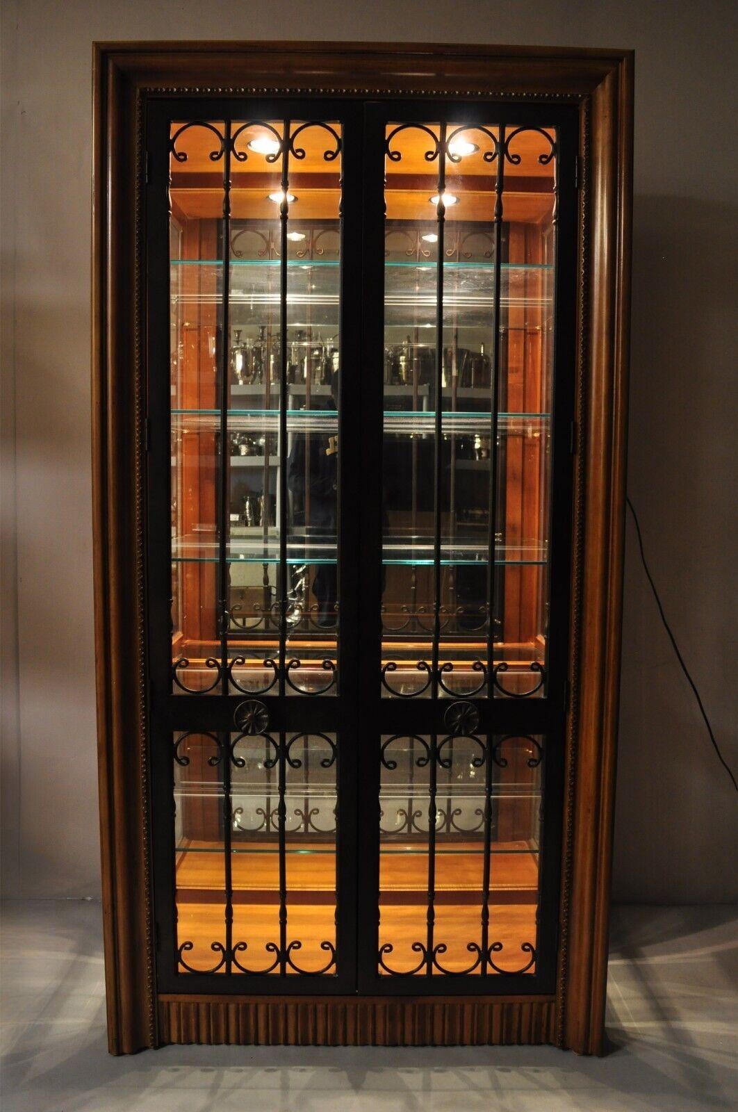 Bernhardt 354-356 Modern Cherry & Iron Door Lighted Curio China Display Cabinet In Good Condition For Sale In Philadelphia, PA