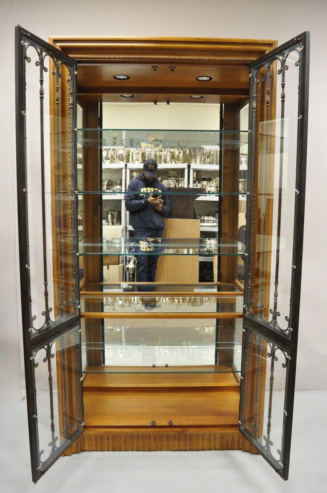 Bernhardt 354-356 Modern Cherry & Iron Door Lighted Curio China Display Cabinet For Sale 2