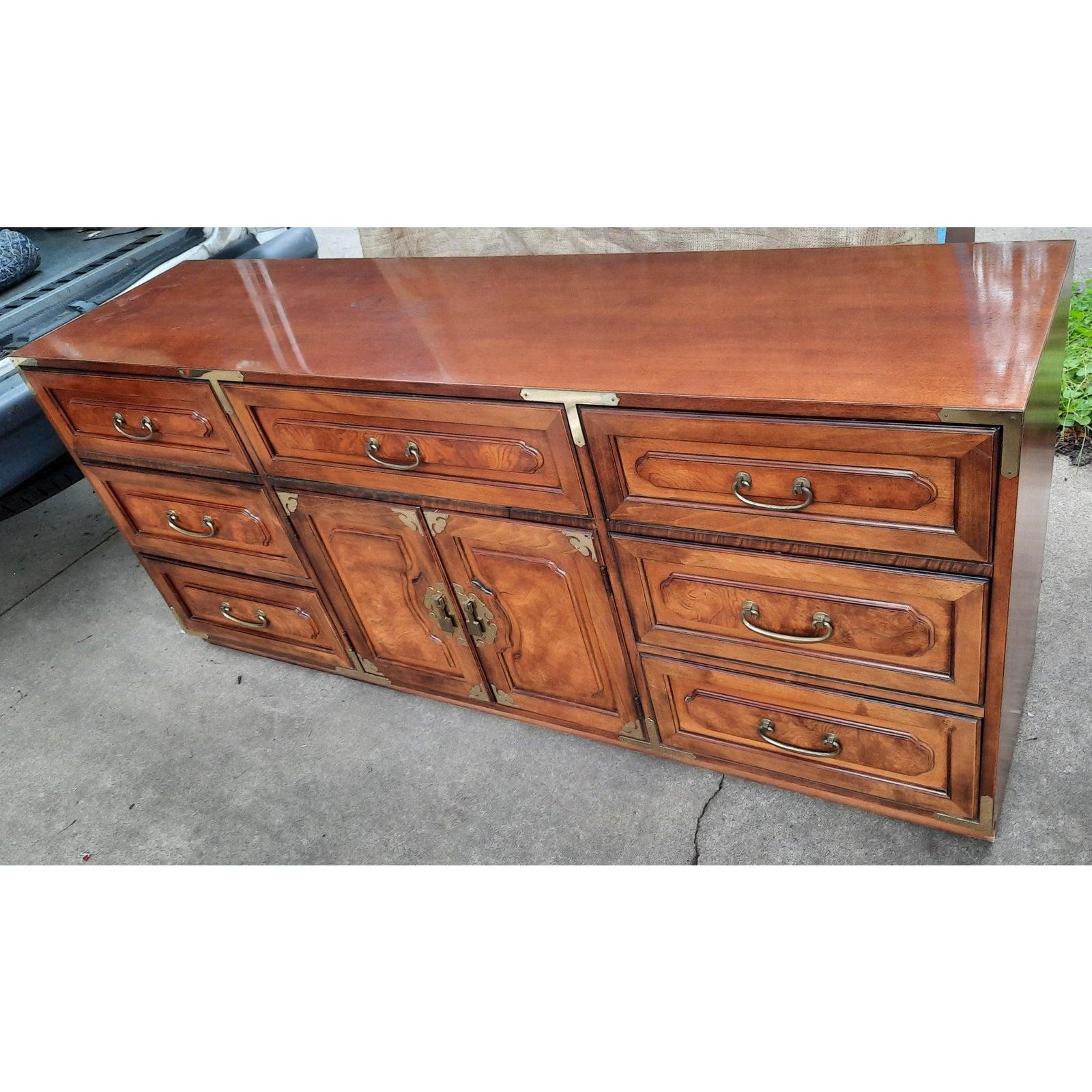 Brass Bernhardt American Asian Campaign Mahogany Burl Dresser with Mirror For Sale