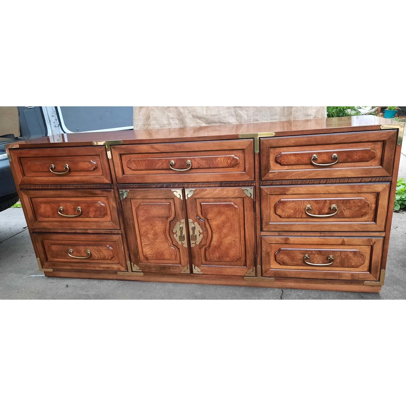 Bernhardt American Asian Campaign Mahogany Burl Dresser with Mirror For Sale 1