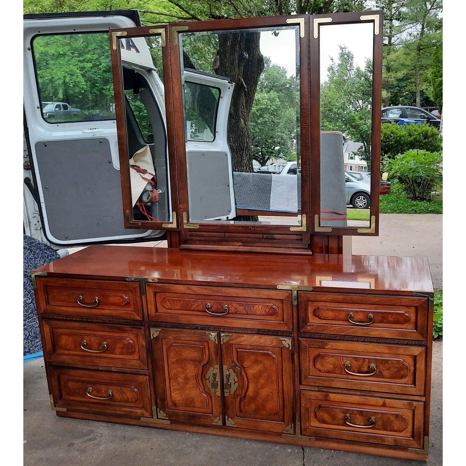 Bernhardt American Asian Campaign Mahogany Burl Dresser with Mirror For Sale 2