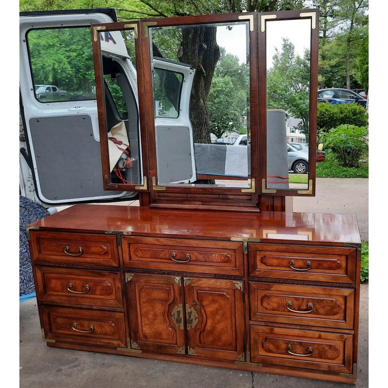 Bernhardt American Asian Campaign Mahogany Burl Dresser with Mirror For