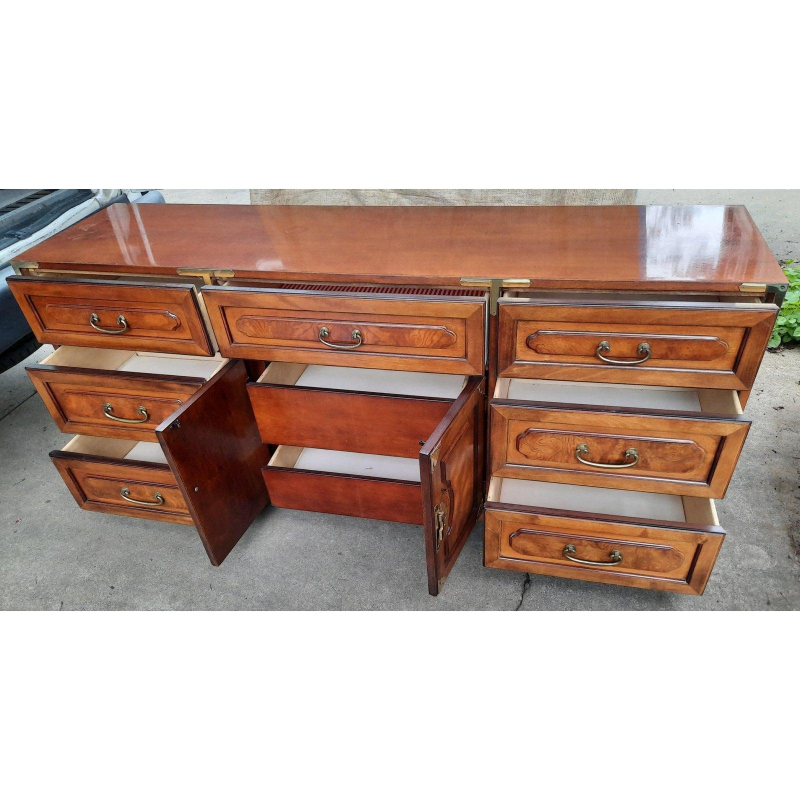 Anglo-Japanese Bernhardt American Asian Campaign Mahogany Burl Dresser with Mirror For Sale