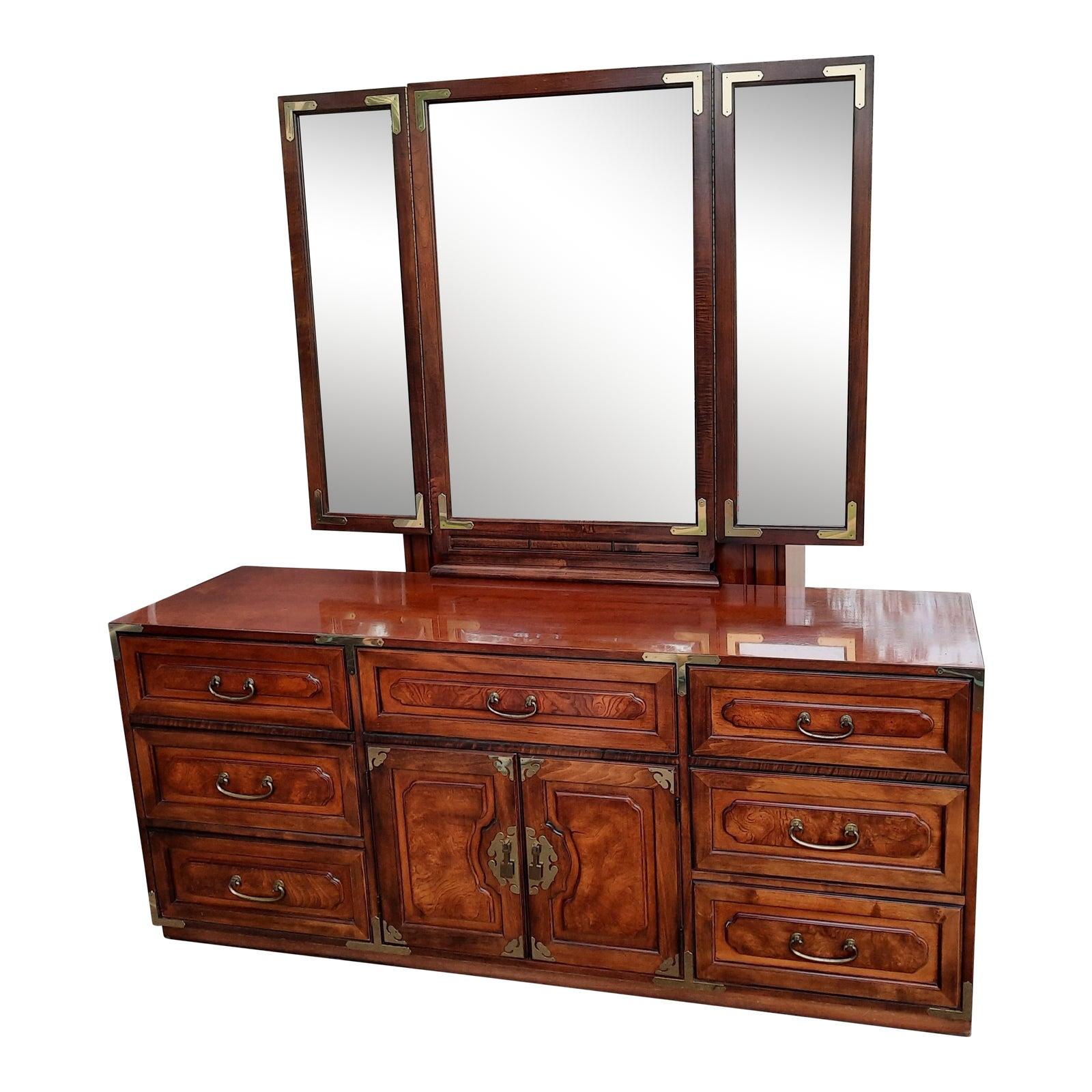 Bernhardt American Asian Campaign Mahogany Burl Dresser with Mirror For Sale