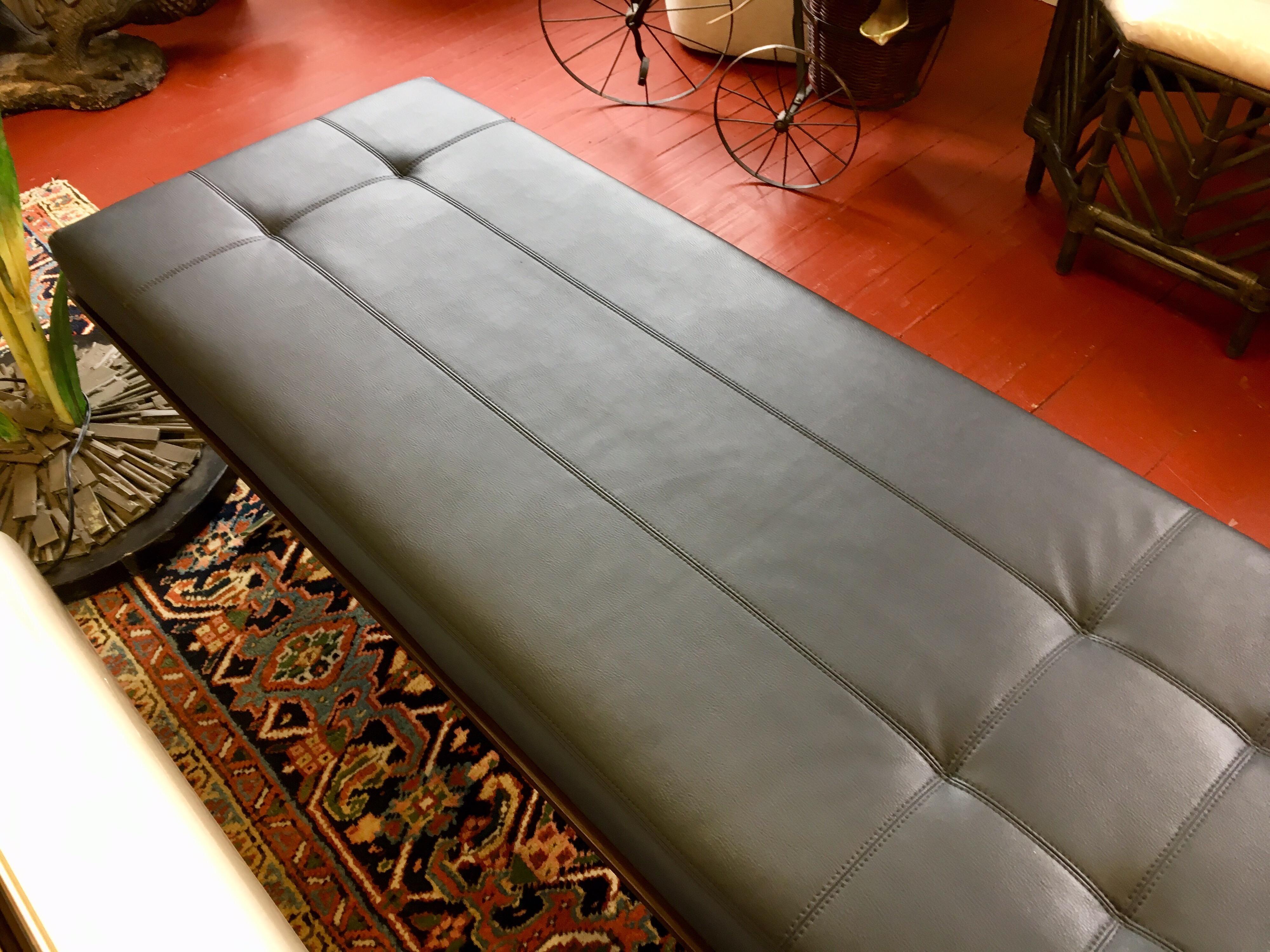 American Bernhardt Black Leather and Mahogany Chaise Lounge Settee Lounger Daybed