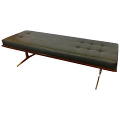 Bernhardt Black Leather and Mahogany Chaise Lounge Settee Lounger Daybed