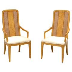 BERNHARDT Caned Burl Maple Contemporary Dining Armchairs - Pair