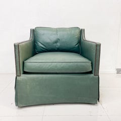 Bernhardt Classic Club Armchair in Aqua Delano Leather with Brass Nail Head Trim