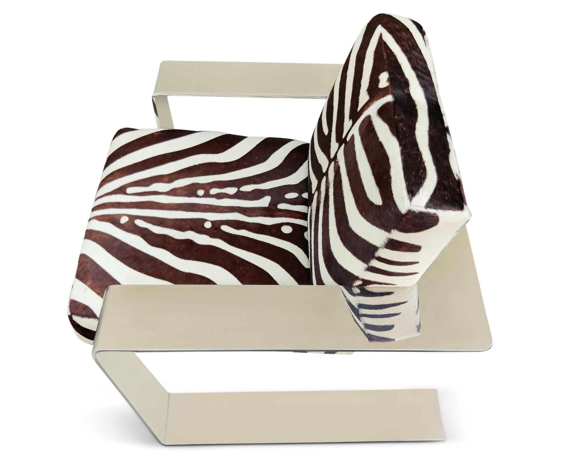 Bernhardt Connor Lounge Chair Chrome Frame Zebra Print Cowhide Upholstery For Sale 2