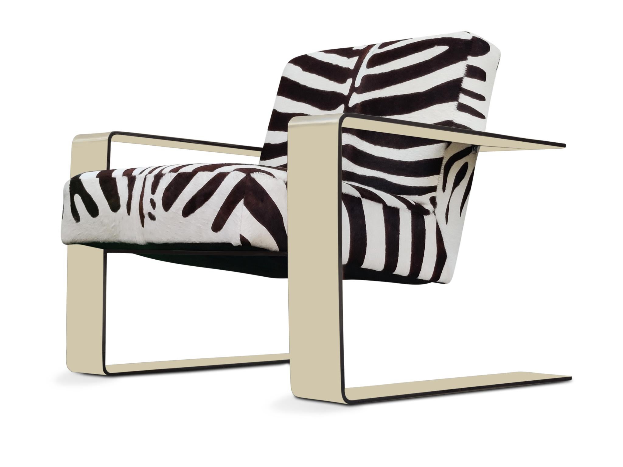 Post-Modern Bernhardt Connor Lounge Chair Chrome Frame Zebra Print Cowhide Upholstery For Sale