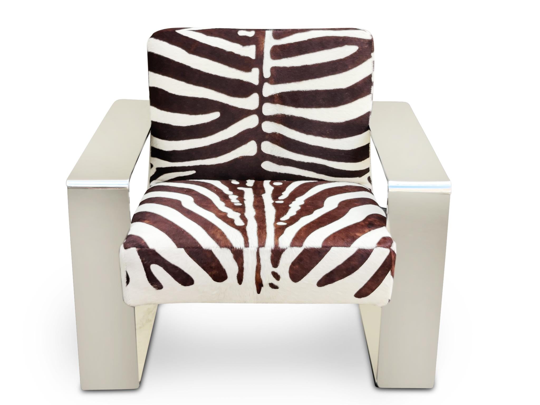 American Bernhardt Connor Lounge Chair Chrome Frame Zebra Print Cowhide Upholstery For Sale