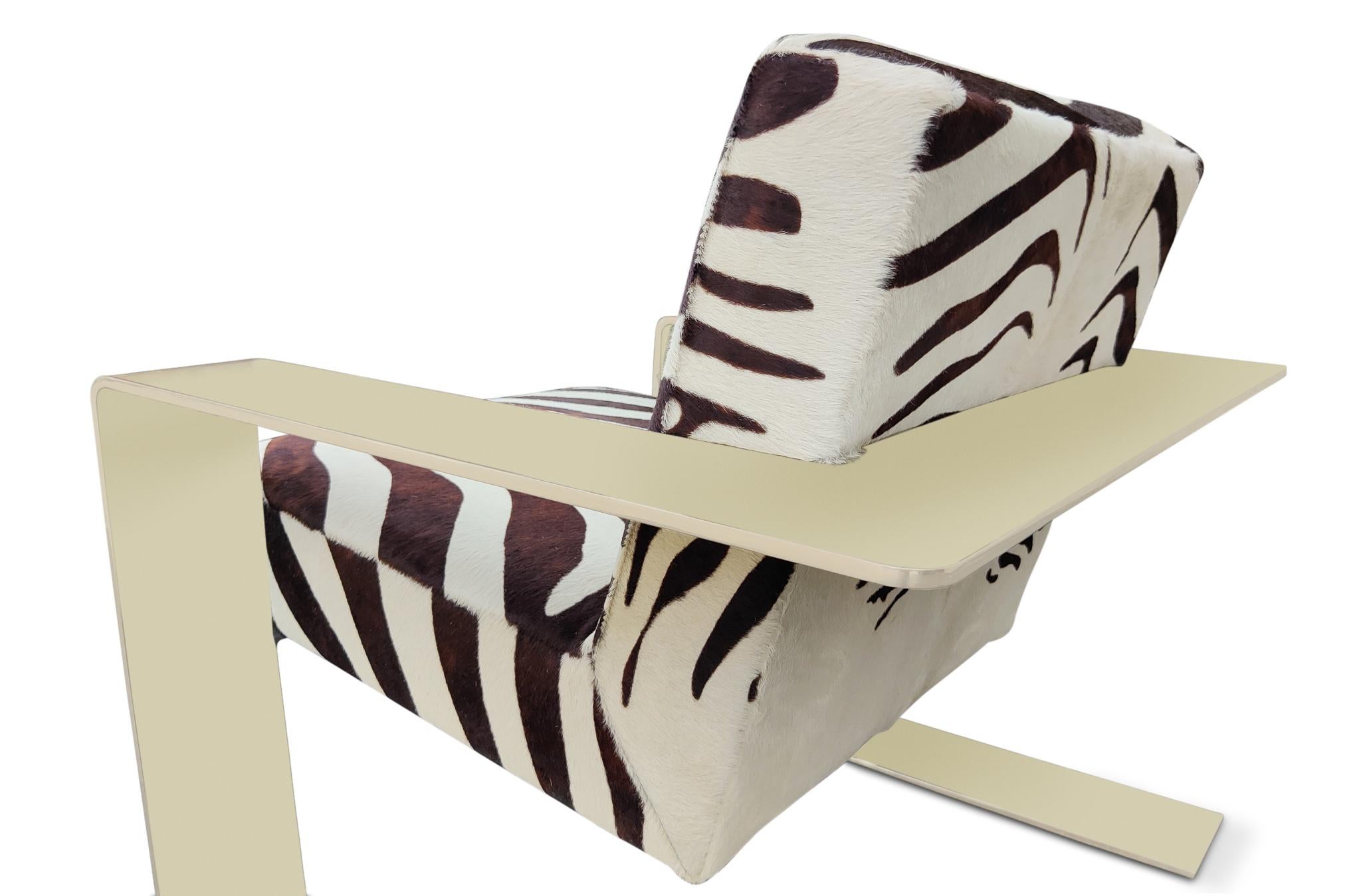 Contemporary Bernhardt Connor Lounge Chair Chrome Frame Zebra Print Cowhide Upholstery For Sale