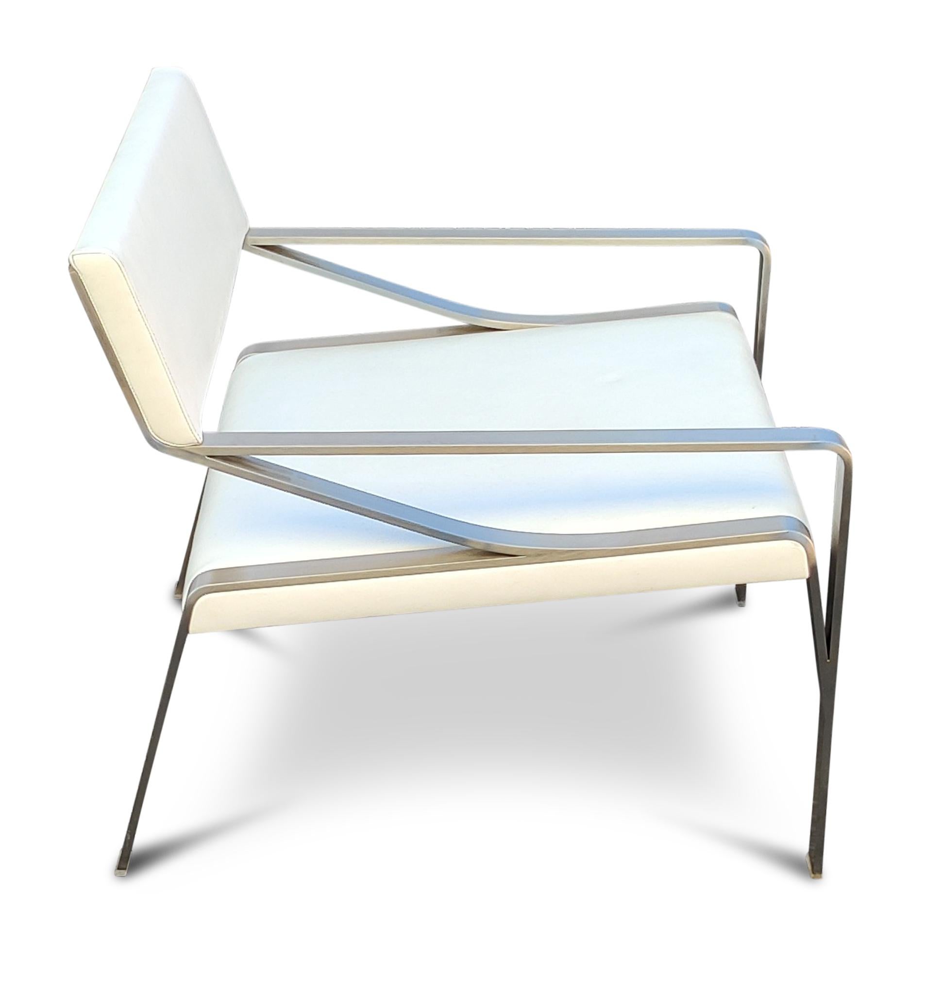 Mid-Century Modern Bernhardt Design Four Sleek Mid Century Lounge Chairs Stainless Steel Leather For Sale