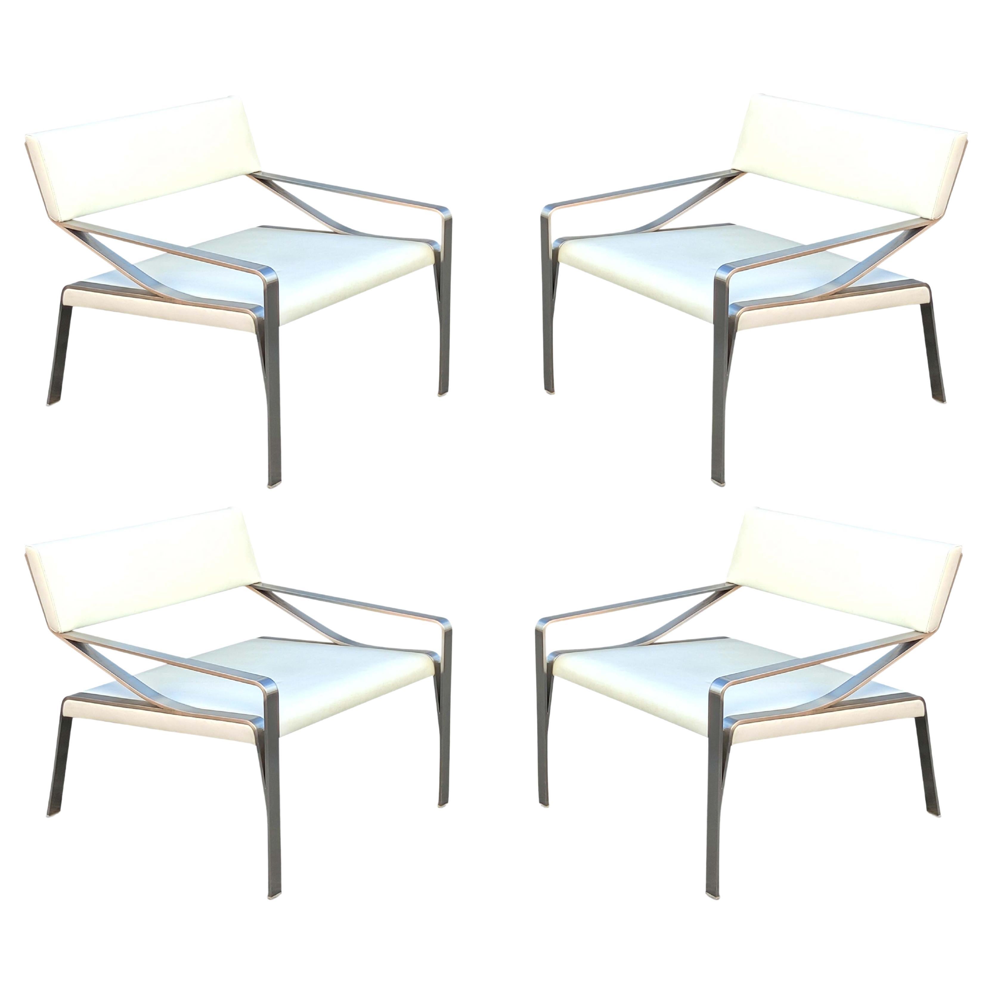 Bernhardt Design Four Sleek Mid Century Lounge Chairs Stainless Steel Leather
