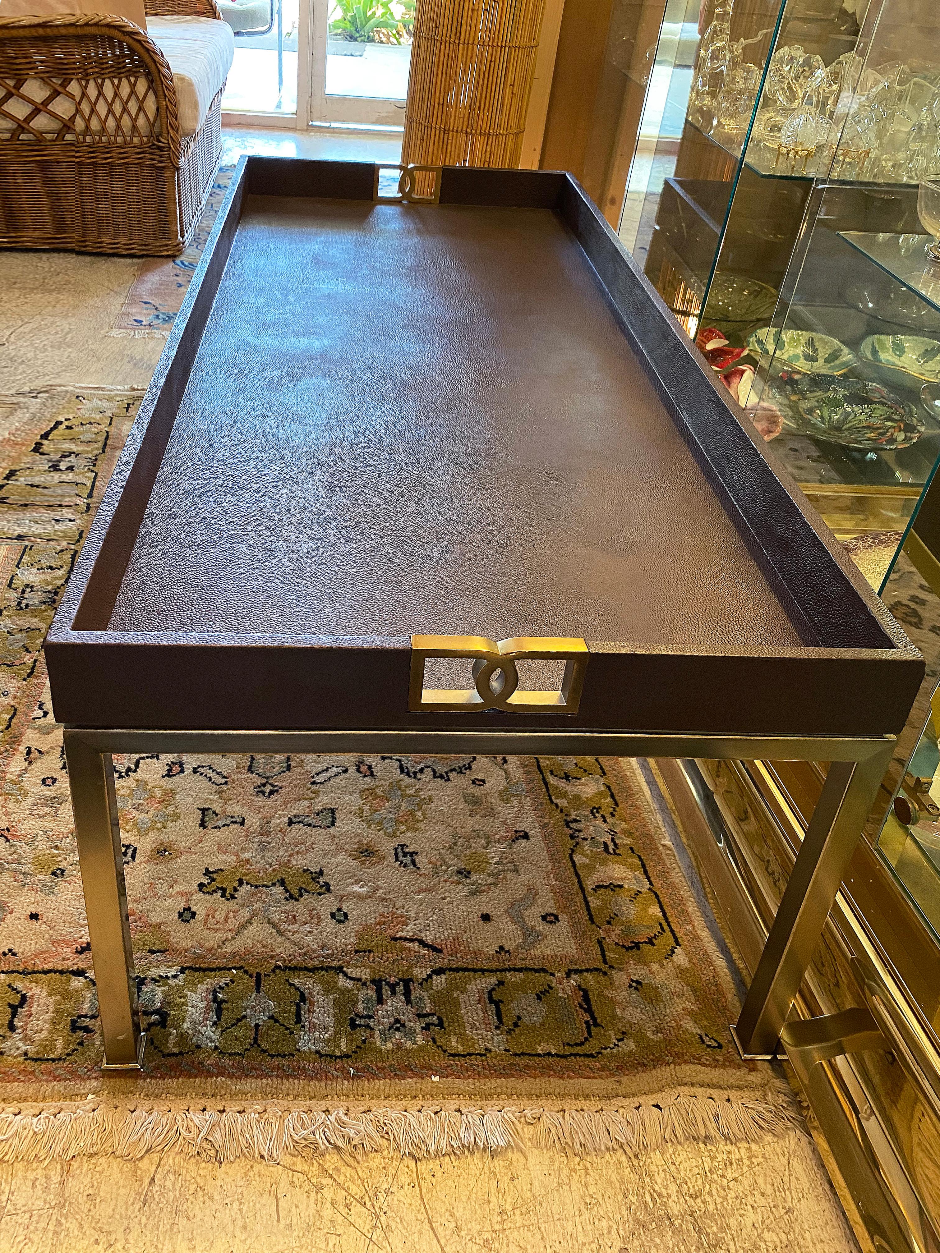 Modern Bernhardt Faux Shagreen and Brass Coffee Table For Sale