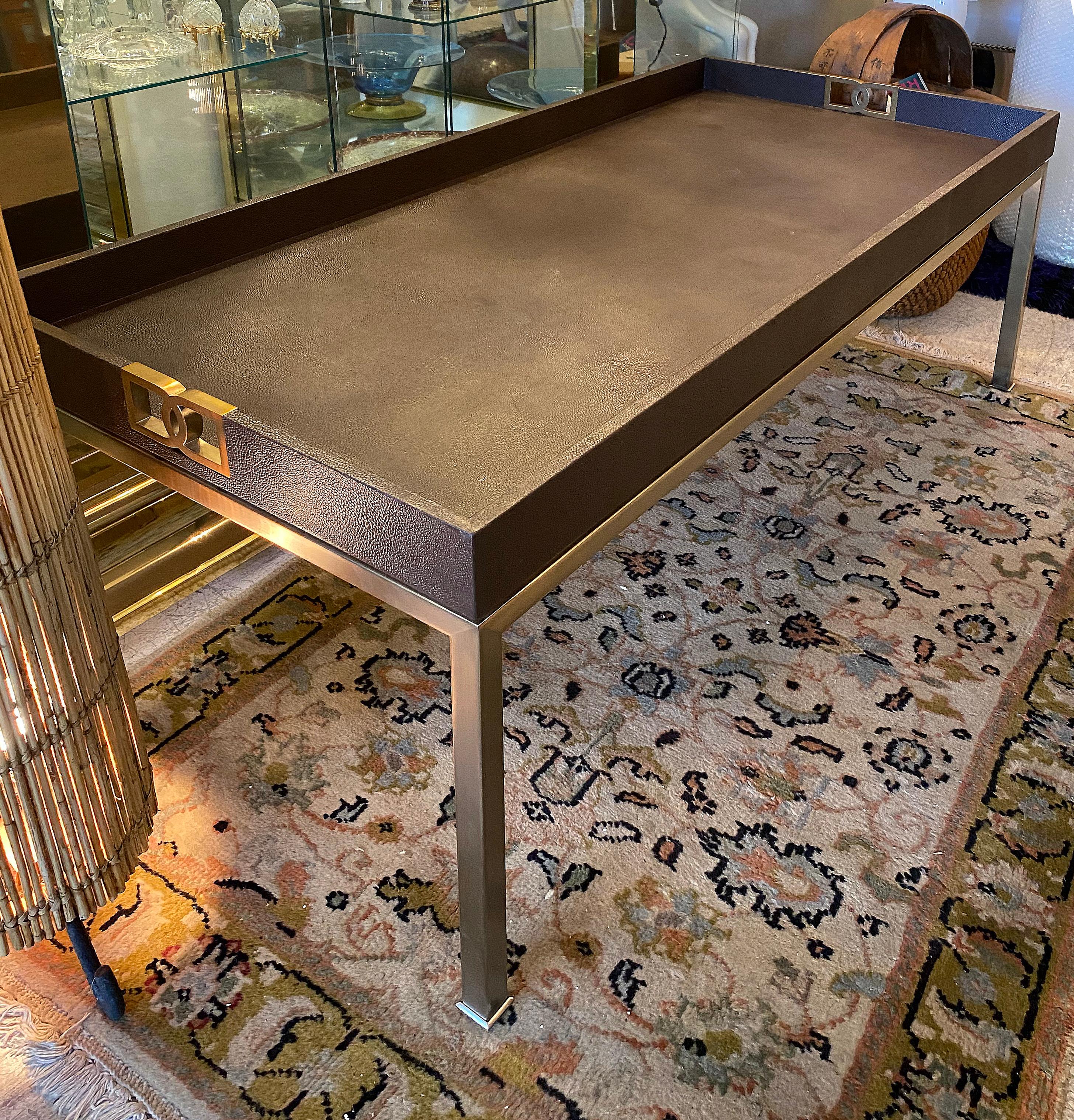 American Bernhardt Faux Shagreen and Brass Coffee Table For Sale