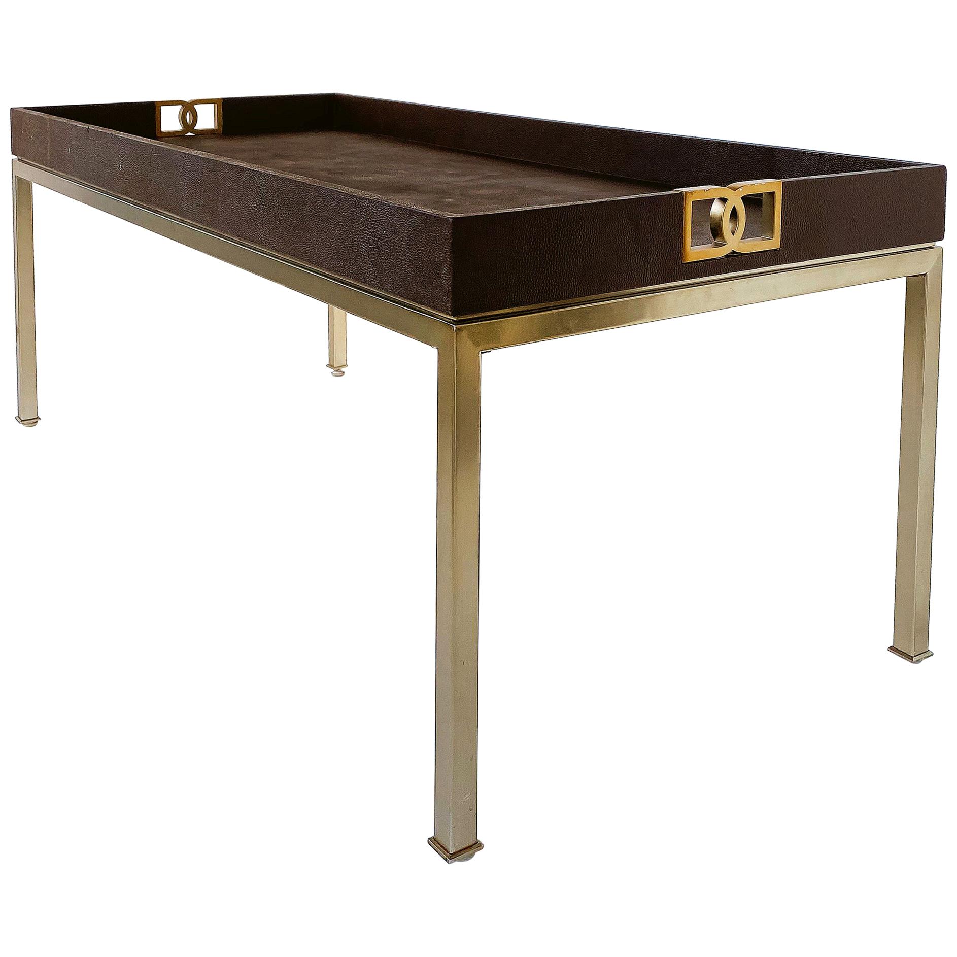 Bernhardt Faux Shagreen and Brass Coffee Table For Sale