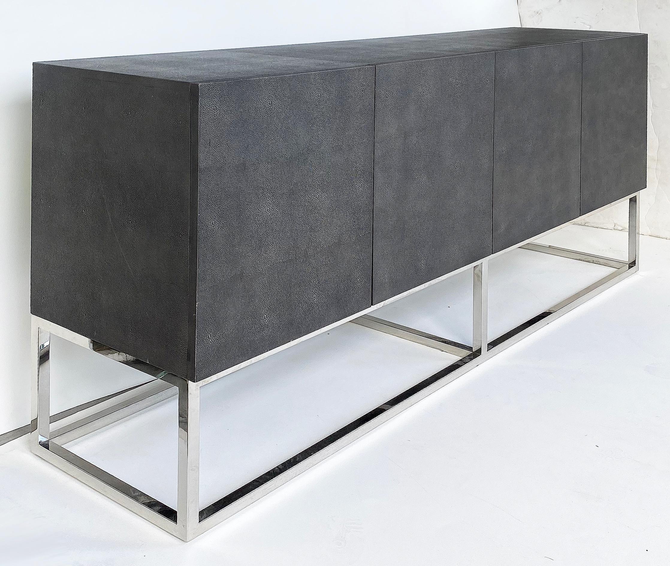 Bernhardt Faux Shagreen entertainment credenza on chrome base

Offered for sale is a Bernhardt Furniture Company faux shagreen 