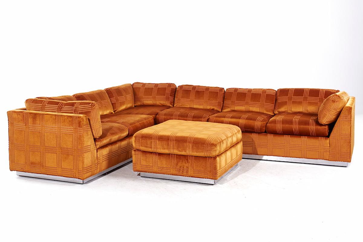 Bernhardt Flair Mid Century Chrome Base Sectional Sofa

The sofa measures: 115 wide x 90 deep x 29 inches high, with a seat height of 18 and arm height of 25 inches
The ottoman measures: 32.5 wide x 32.5 deep x 18 inches high

All pieces of